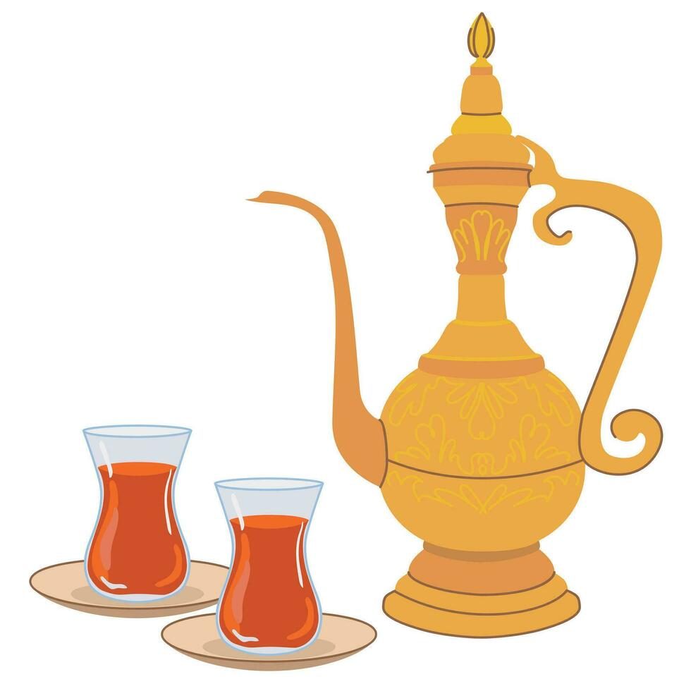 traditionell Türkisch Tee im ein Glas und ein orientalisch Krug mit ein Ornament. Vektor Illustration im eben Stil auf ein Weiß Hintergrund. ein erkennbar heiß trinken verbreitet im das Ost.