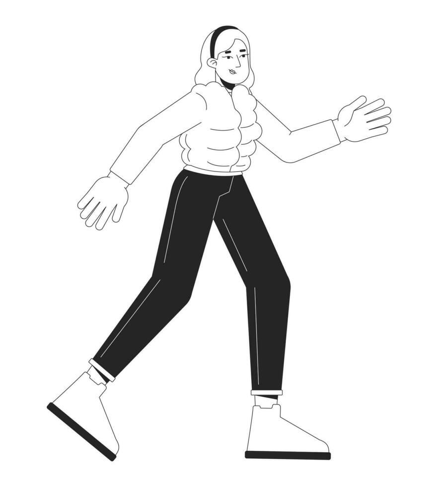 blond Frau Joggen im kalt Wetter schwarz und Weiß 2d Linie Karikatur Charakter. kaukasisch weiblich Athlet isoliert Vektor Gliederung Person. Sportlerin Laufen Winter monochromatisch eben Stelle Illustration