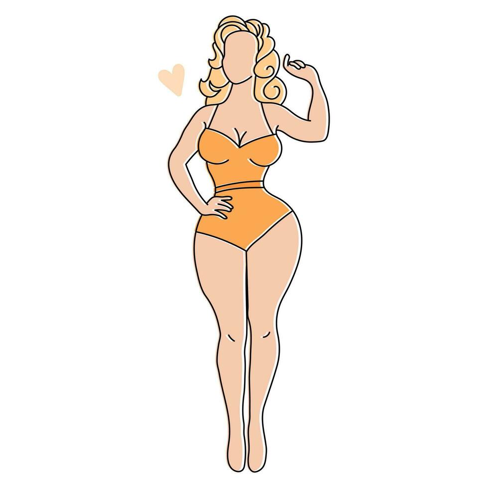 Silhouette von ein rundlich Frau im ein Badeanzug, skizzieren. bodypositiv Konzept. Linie Kunst, Vektor