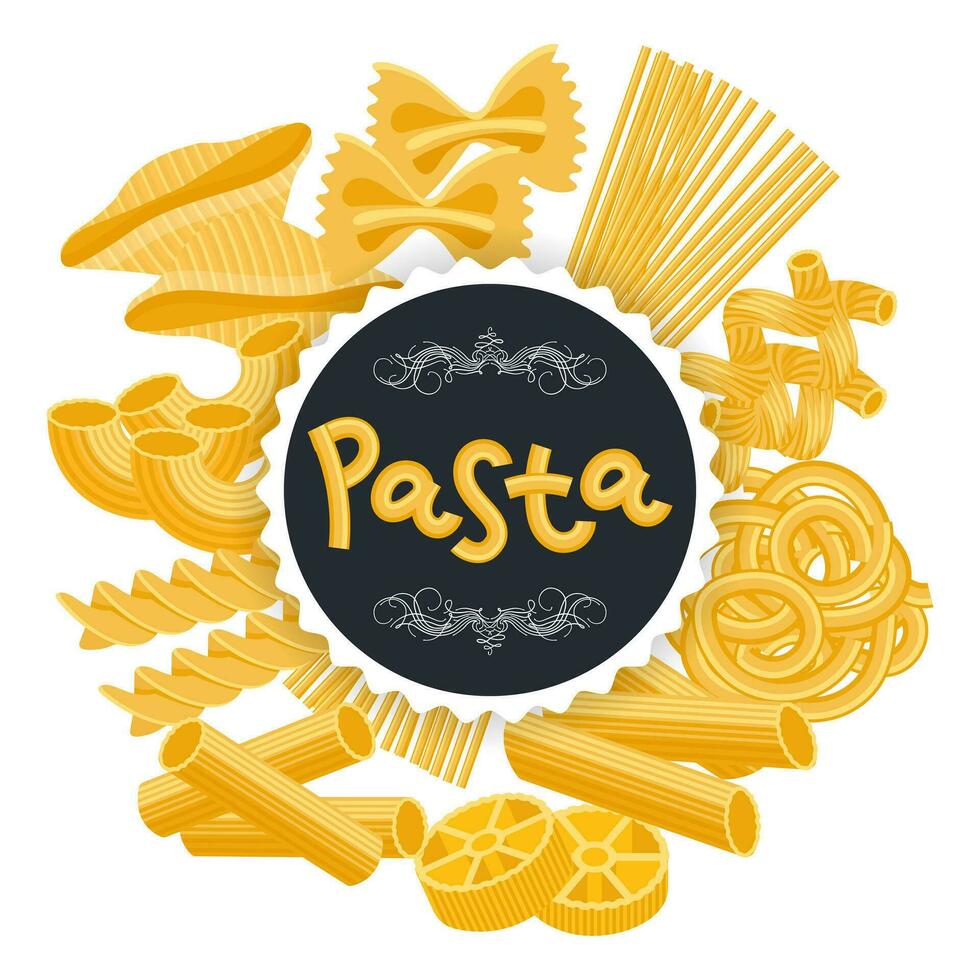 Welt Pasta Tag. Glückwunsch Text gemacht von Pasta auf ein Hintergrund von anders Typen von Italienisch Pasta. Poster, Vektor