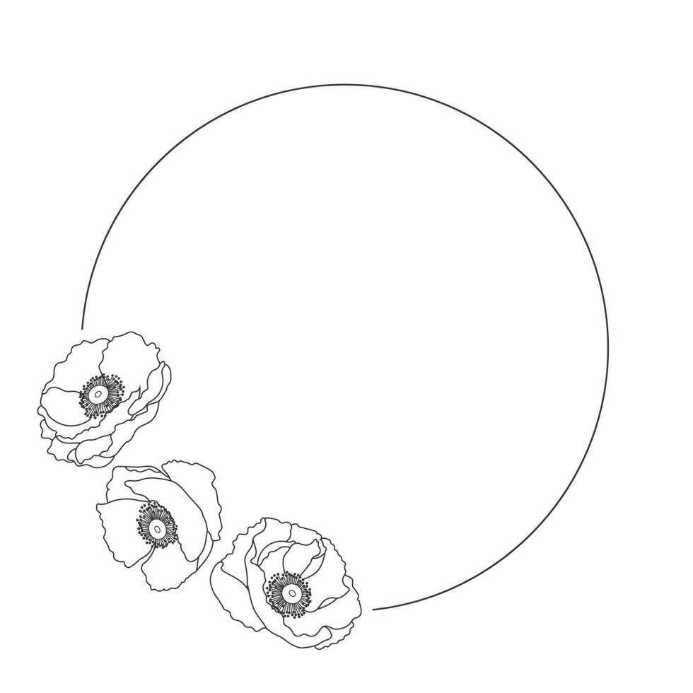 runda ram med ritad för hand kontur vild blomma vallmo. design för inbjudan, vektor