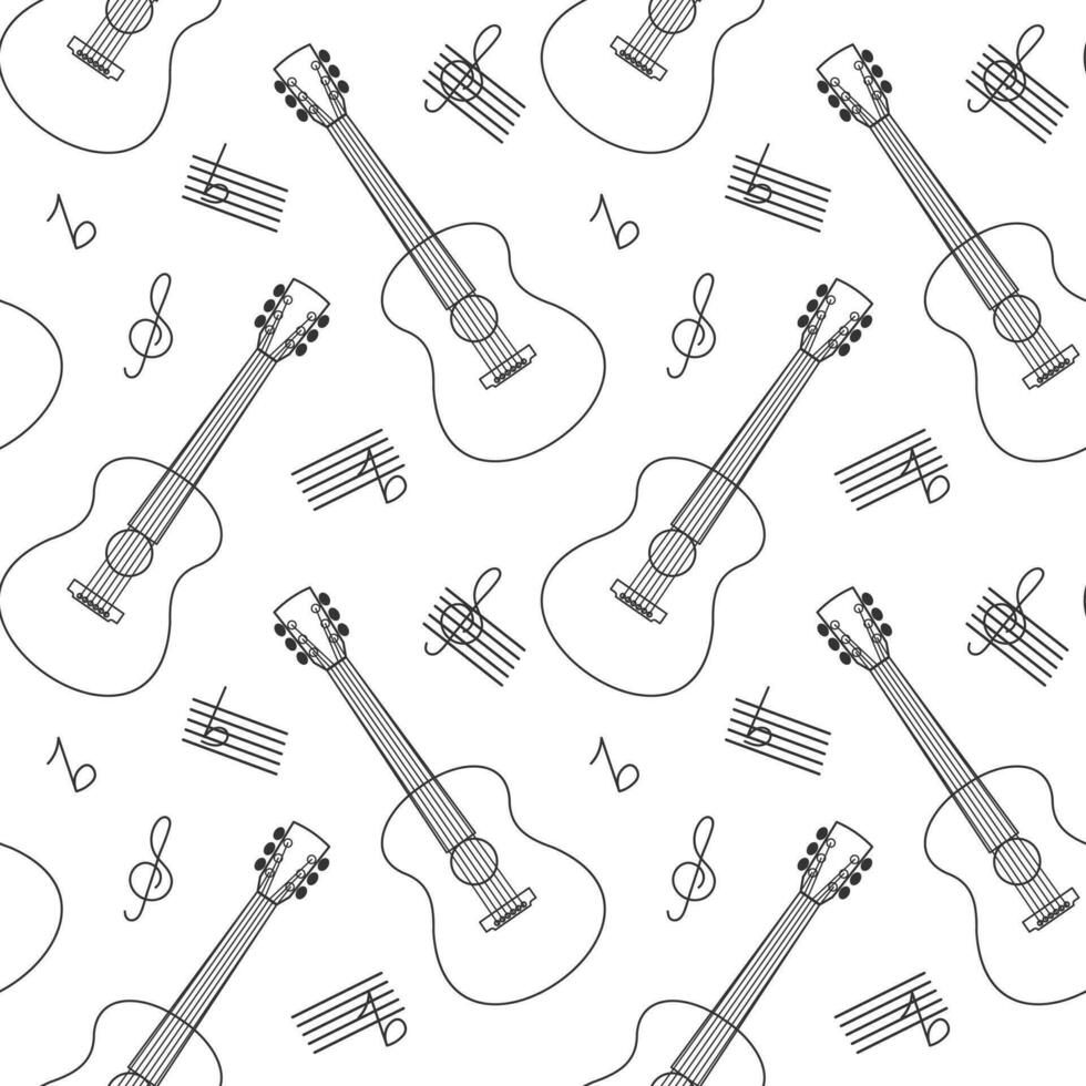 Musical nahtlos Muster von akustisch Gitarren, verdreifachen Notenschlüssel und Musik- Anmerkungen. skizzieren, Hintergrund, Vektor