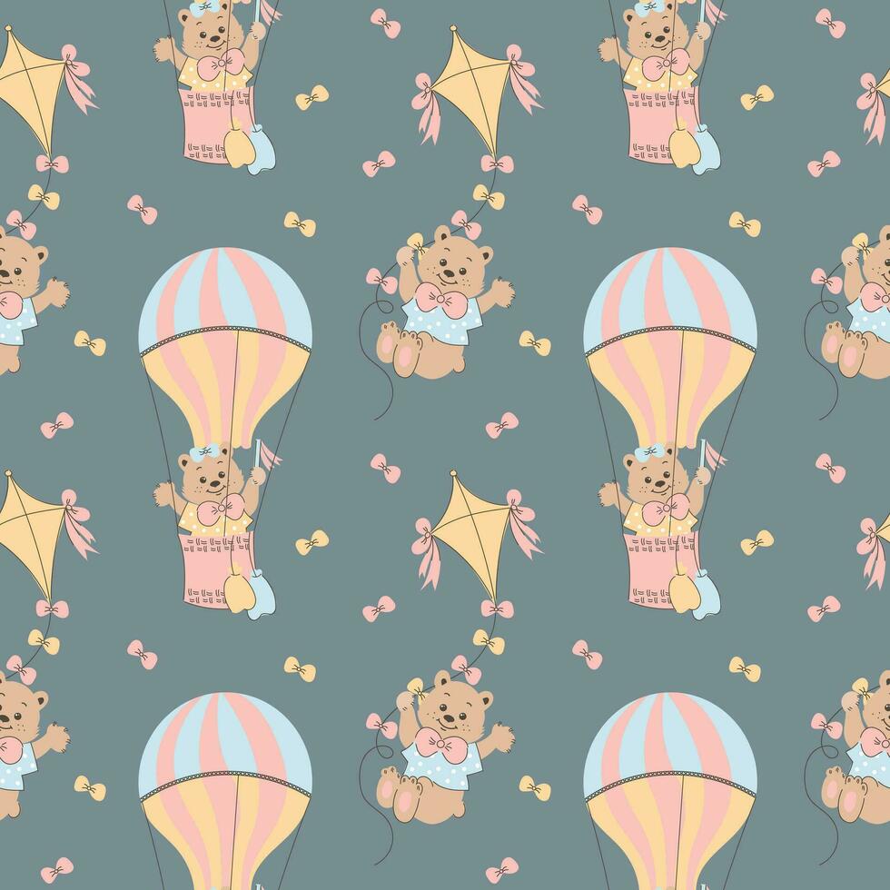 nahtlos Muster, süß Karikatur Bären fliegend auf Luftballons und Drachen. Baby Dusche Hintergrund, drucken, Vektor