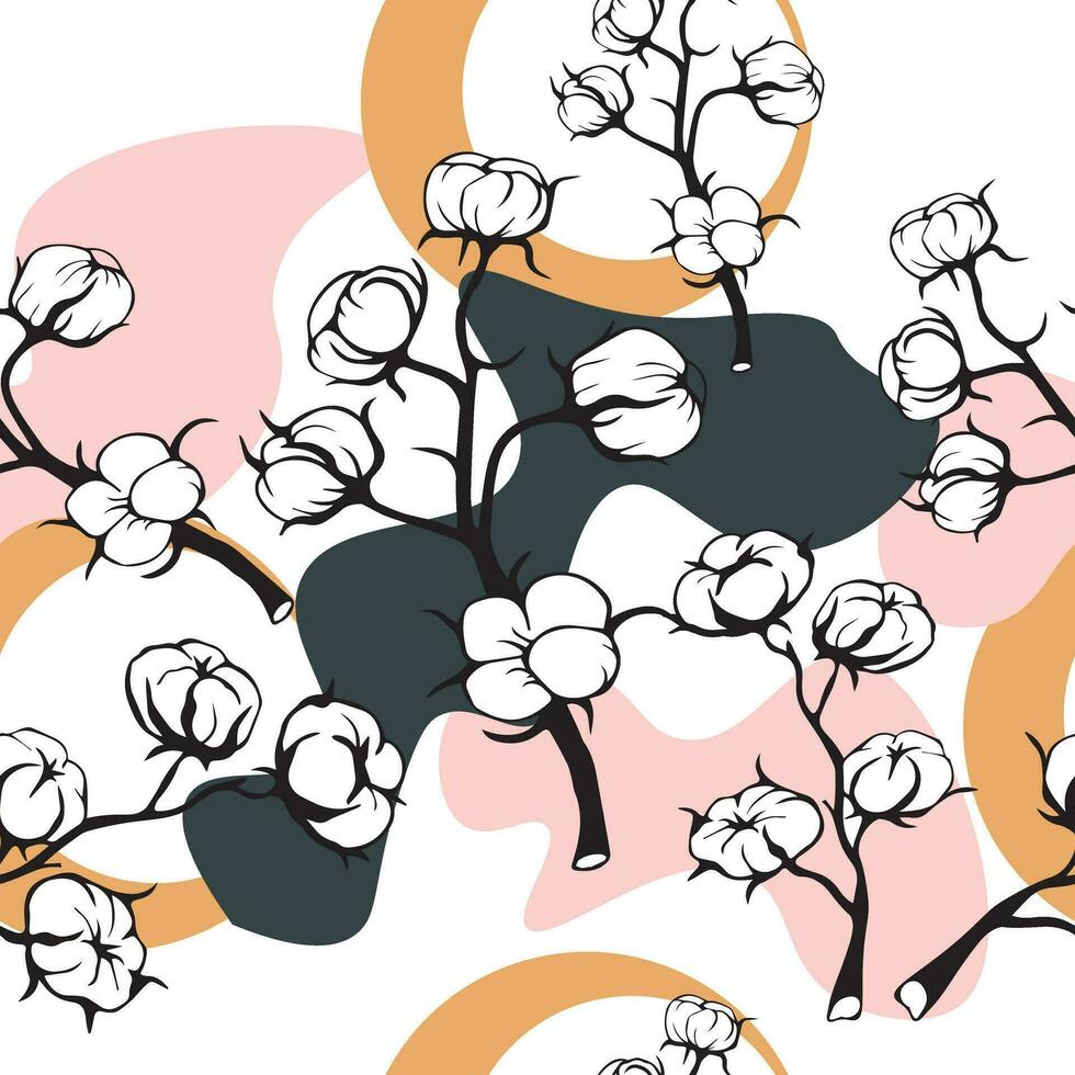 nahtlos Muster von Ast von Baumwolle, Blumen und Blätter von Pflanze. Wildblumen mit Stiele. skizzieren botanisch Illustration handgemalt. vektor