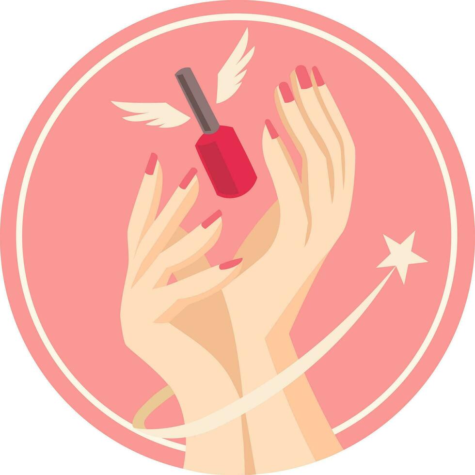 Maniküre Logo zum Nagel Kunst Salon Vektor Bild. zwei Hände halten rot Nagel Polieren Flasche mit Flügel und fliegend Star um im Rosa Pfirsich Design