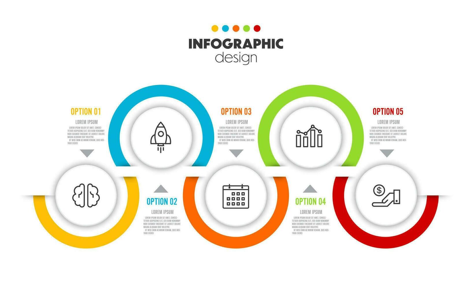 vektor företag data visualisering, bearbeta diagram Graf med 5 alternativ. företag mall tidslinje för presentation, kreativ idéer.