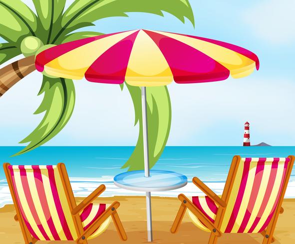 Ein Stuhl und ein Sonnenschirm am Strand vektor