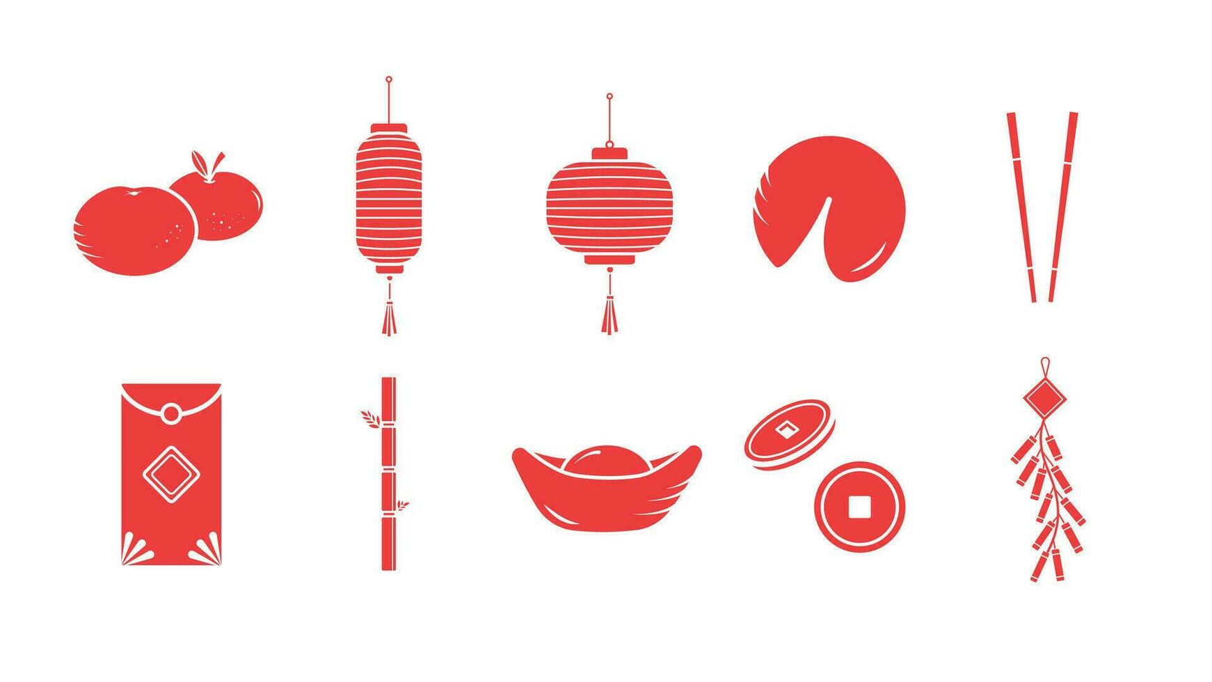 kinesisk lunar ny år dekoration tillgång vektor illustration ikon uppsättning samling röd silhuett skugga isolerat på enkel horisontell vit bakgrund. gong xi fa cai tecknad serie konst styled teckning.