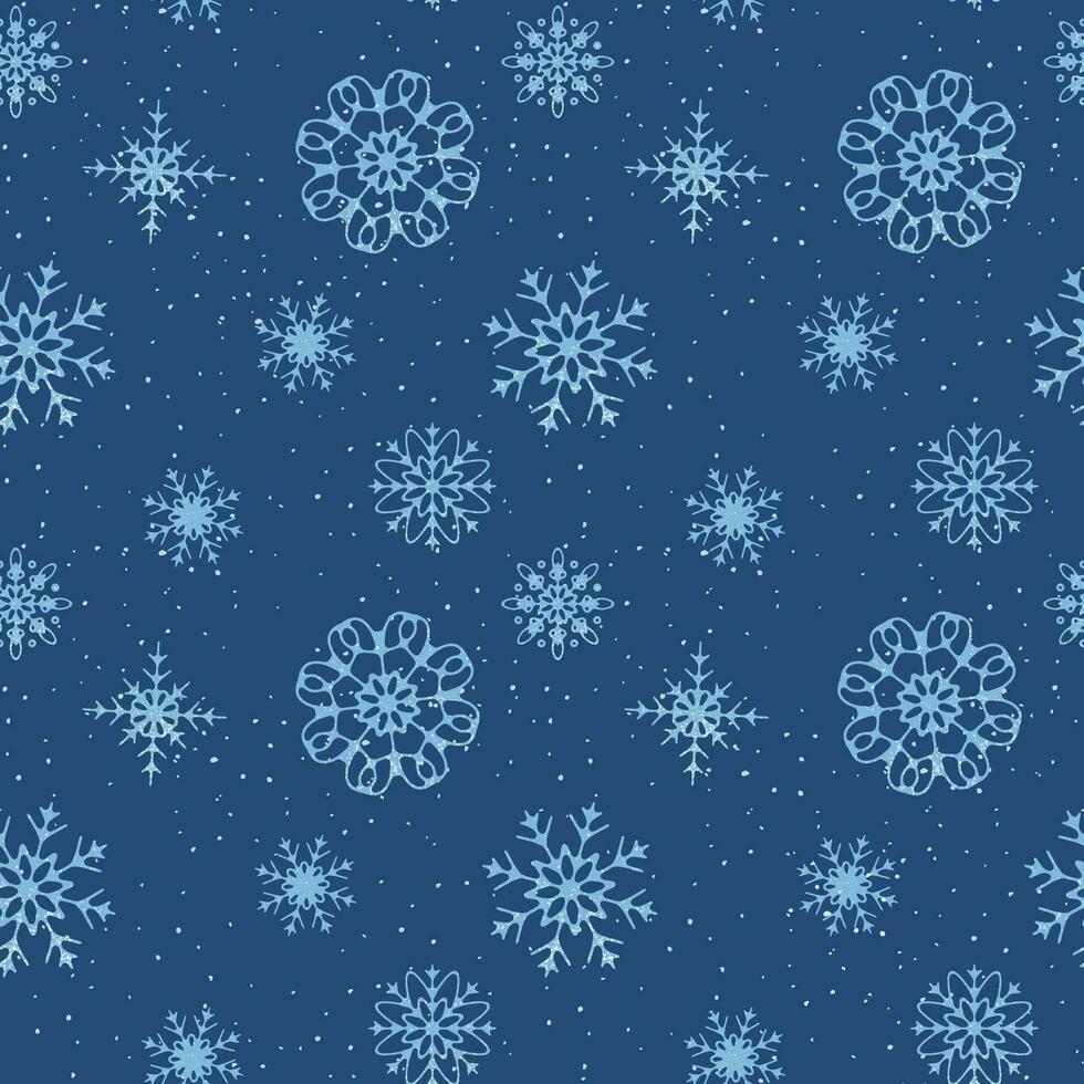 Schneeflocken nahtlos Muster, Blau des Winters Hintergrund. Vektor Illustration im Hand gezeichnet Stil