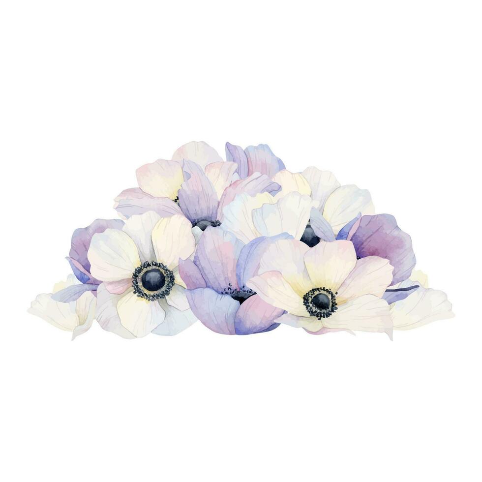 lugg av pastell lila violett och vit anemon blommor och kronblad vattenfärg vektor illustration. bröllop 2024 firande