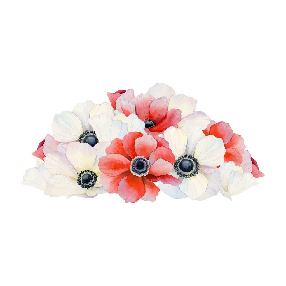 lugg av röd och vit anemon blommor och kronblad vattenfärg vektor illustration. bröllop eller valentines firande mönster