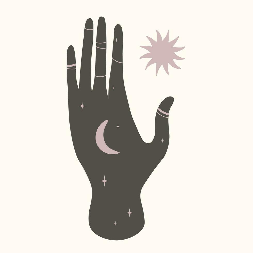 Magie Hände Boho skizzieren Hand gezeichnet Vektor Illustration, Energie von Planeten, Sonne, Mond.esoterisch Symbol, Lebensstil, Ayurveda, Yoga, Alternative Medizin, Selbsterkenntnis. Design Element zum drucken, Poster