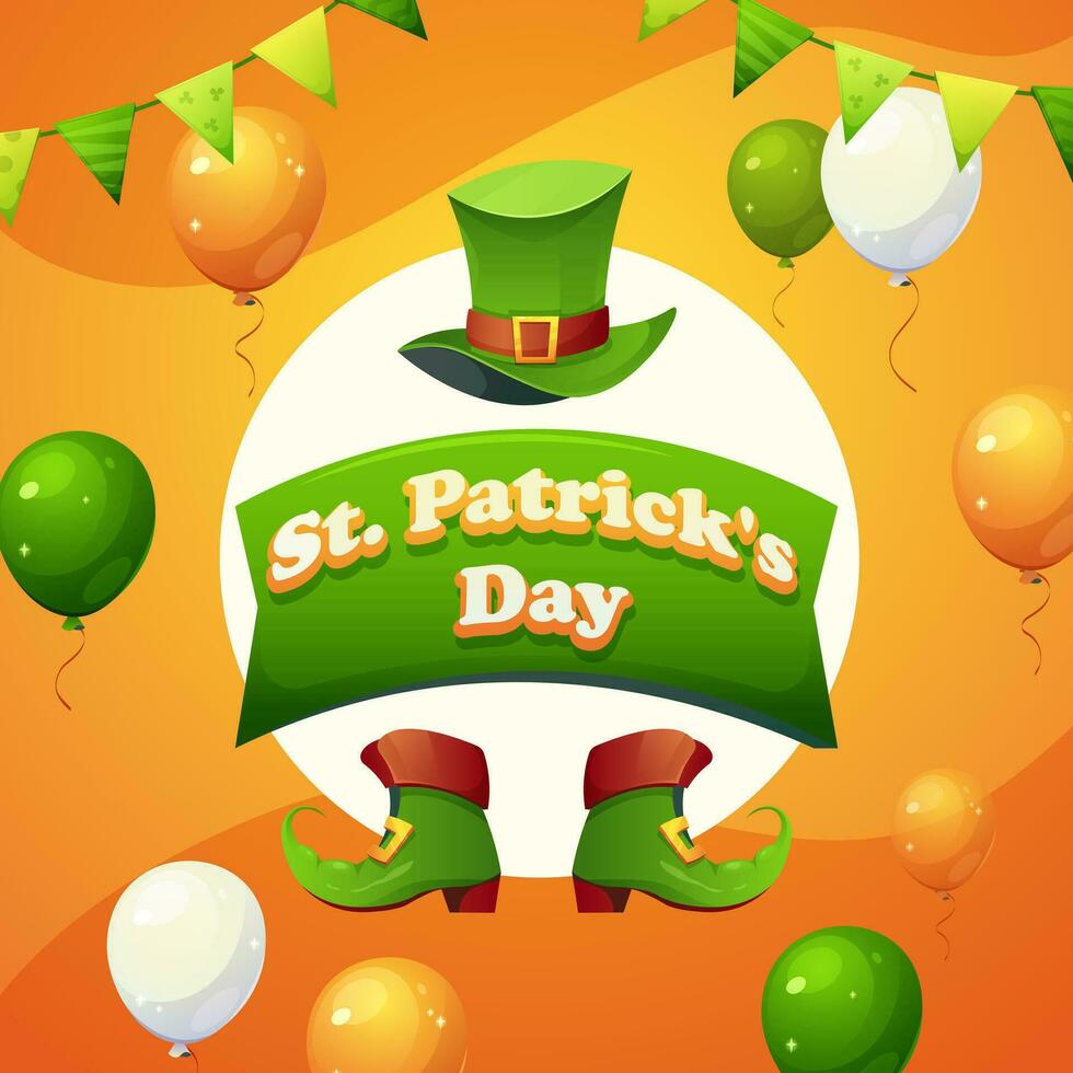 st. Patrick's Tag Gruß Karte. Text, Hut, Zwerg Schuhe, Luftballons, Girlanden. Vektor Illustration zum Urlaub