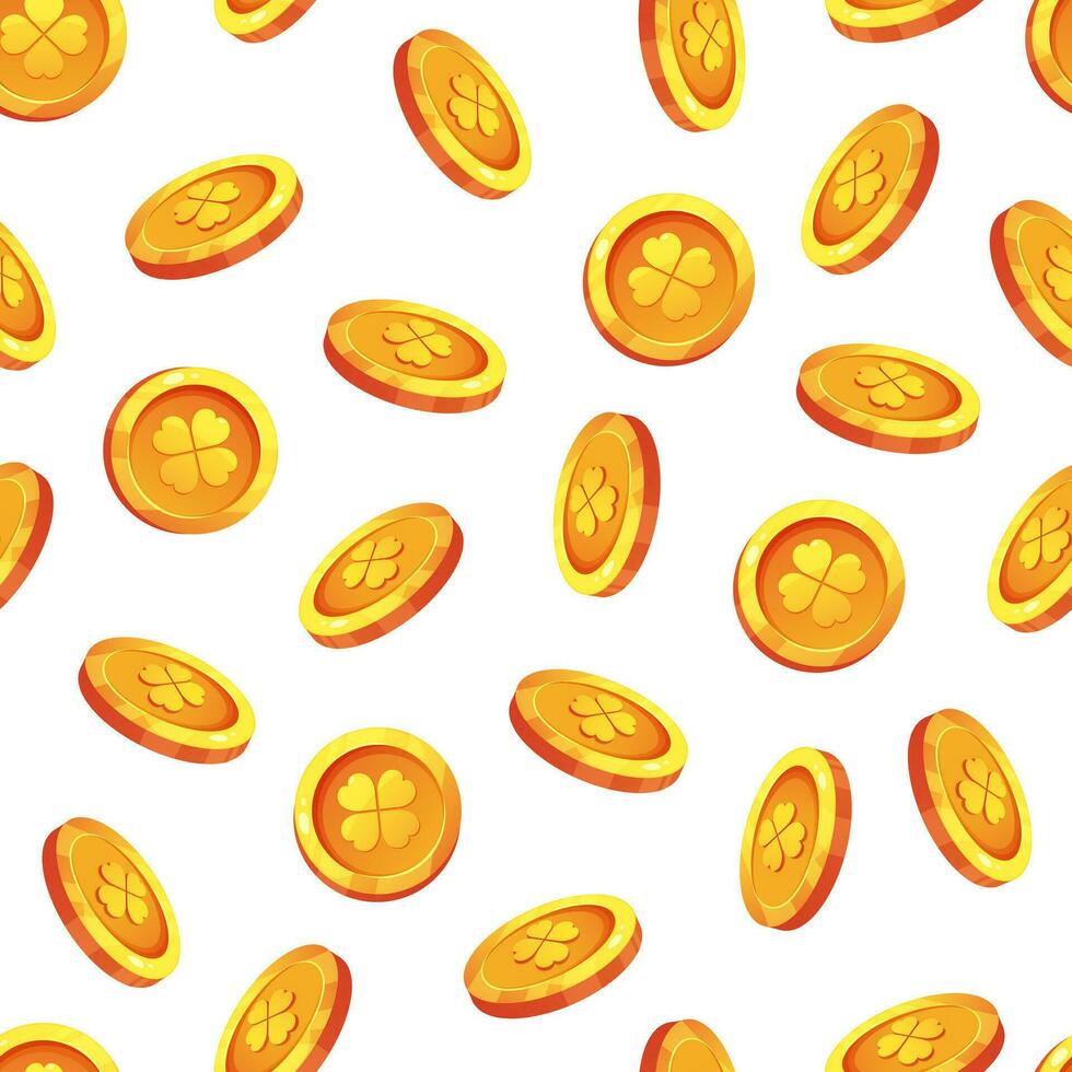 nahtlos Muster mit Weiß Hintergrund und Gold Münzen. fallen Gold Münzen mit vier Blatt Kleeblatt. Vektor Illustration im Karikatur Stil