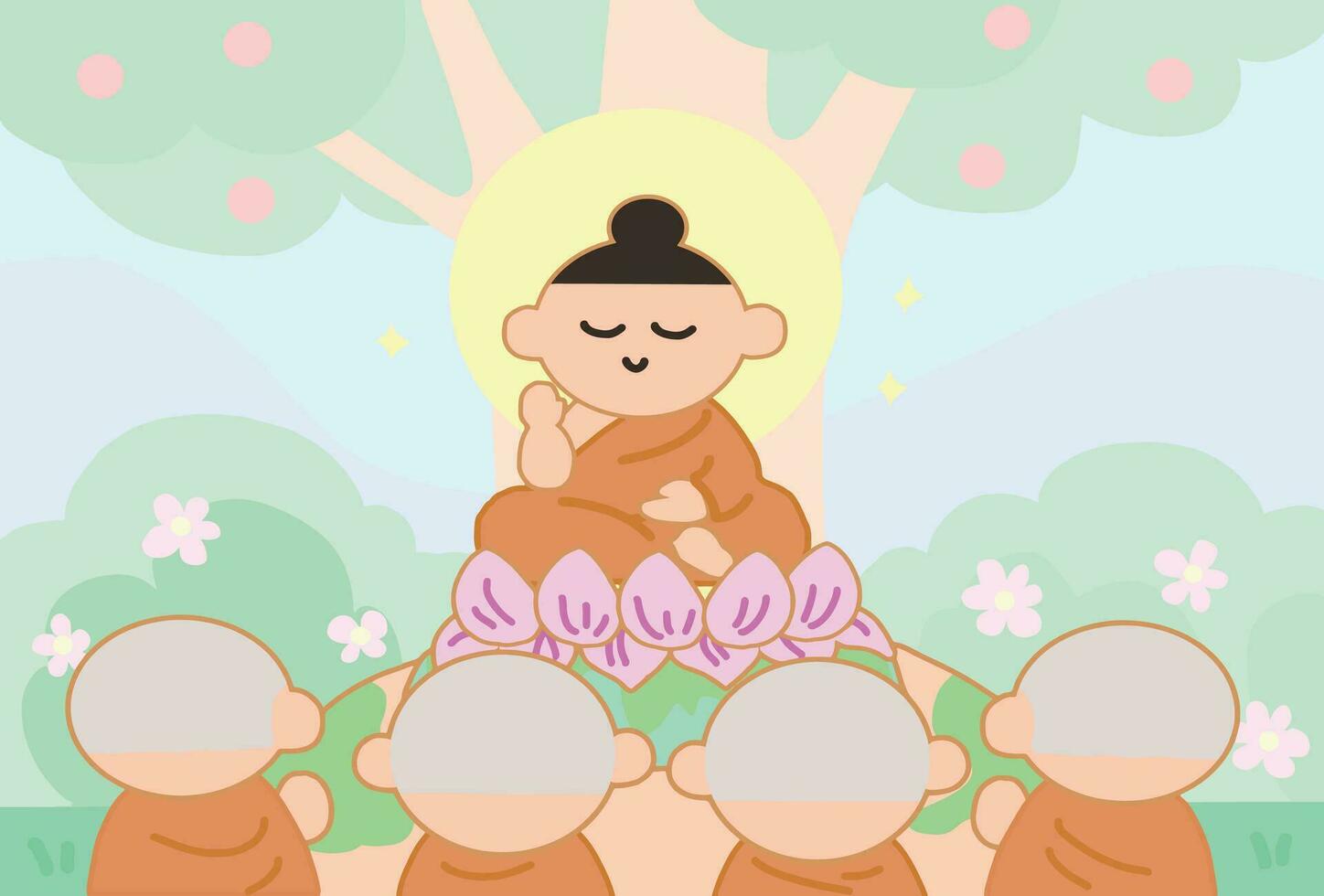 das Herr Buddha unterrichtet das dhamma zu das Mönche. Karikatur Stil Zeichnung. vektor
