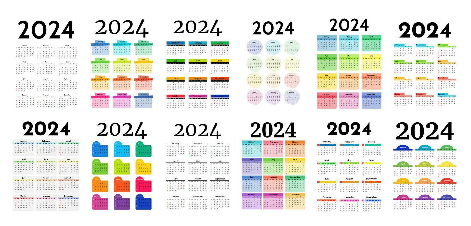 stor uppsättning av kalendrar för 2024 isolerat på en vit bakgrund. söndag till måndag, företag mall. vektor illustration