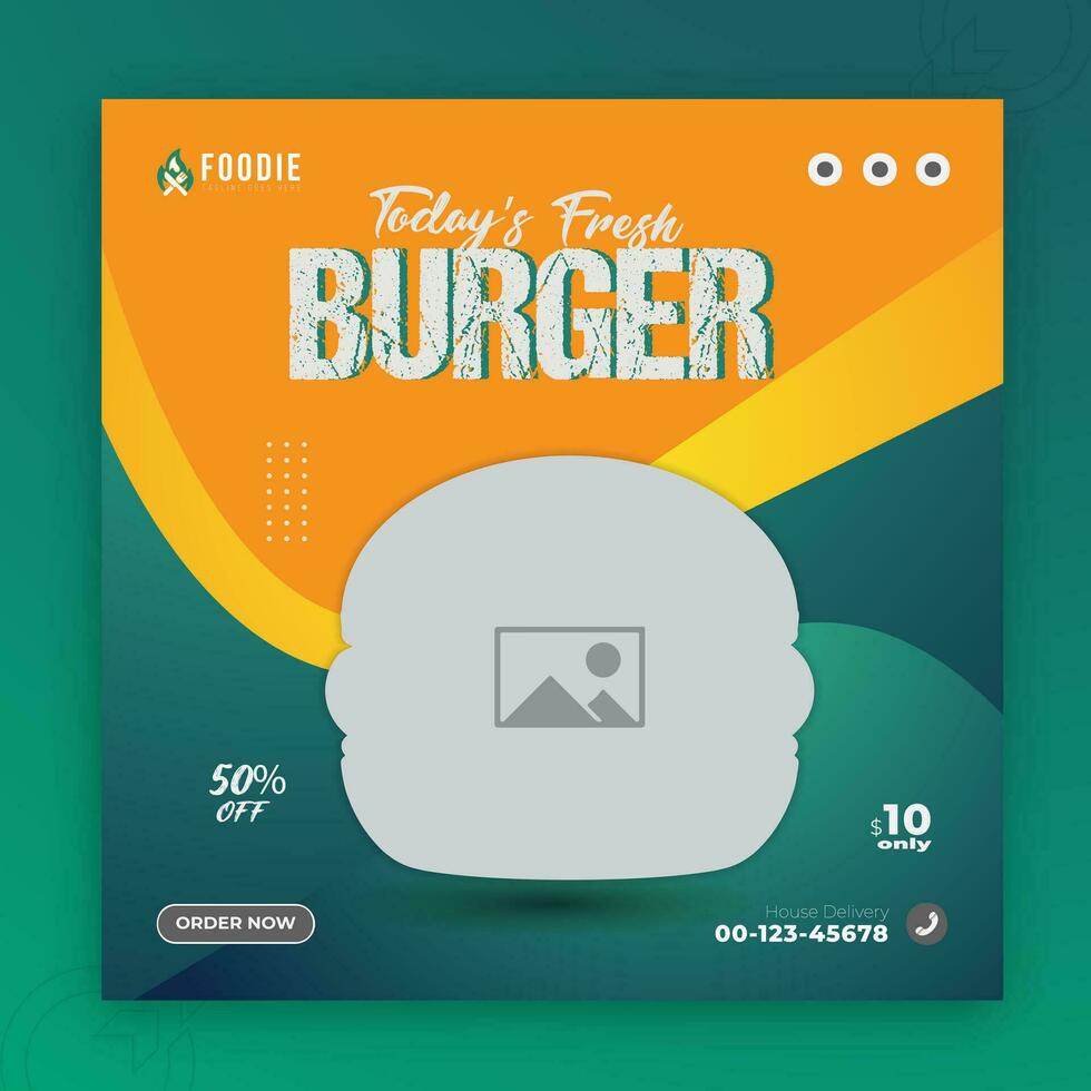 Besondere Burger und Essen Speisekarte Sozial Medien Post Design mit Grün und Orange Farbe gestalten vektor