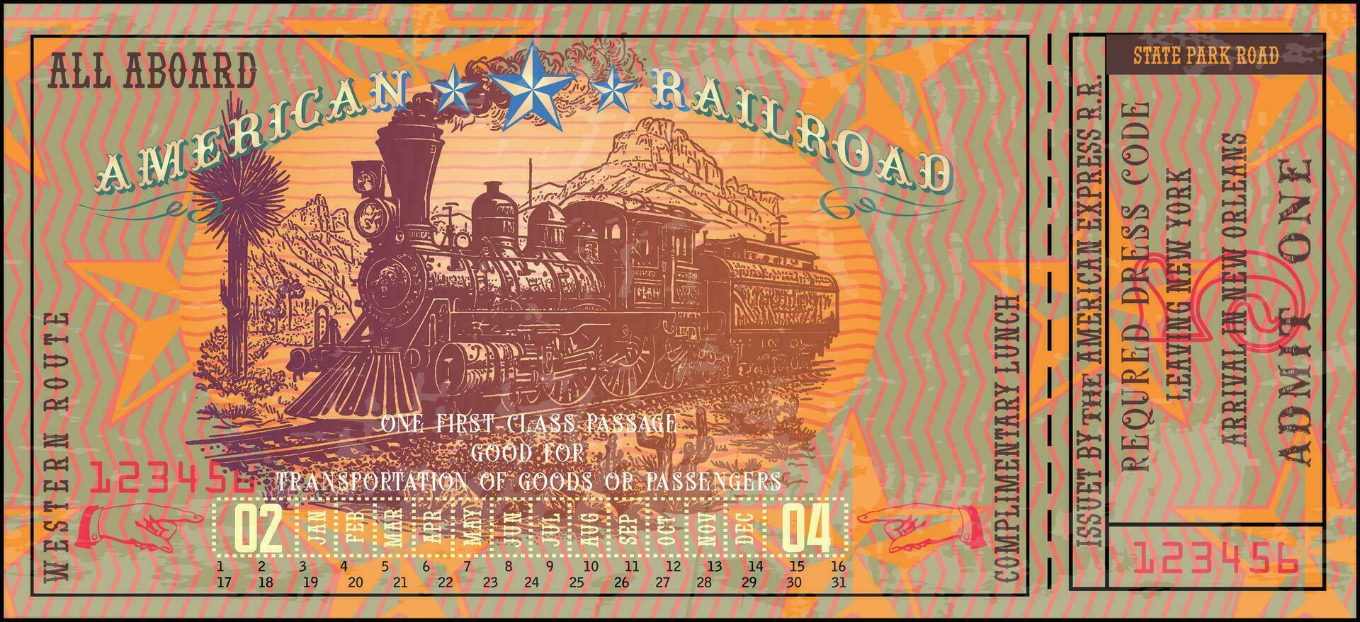 Vektor Bild von alt Jahrgang amerikanisch Western Schiene Zug Fahrkarte