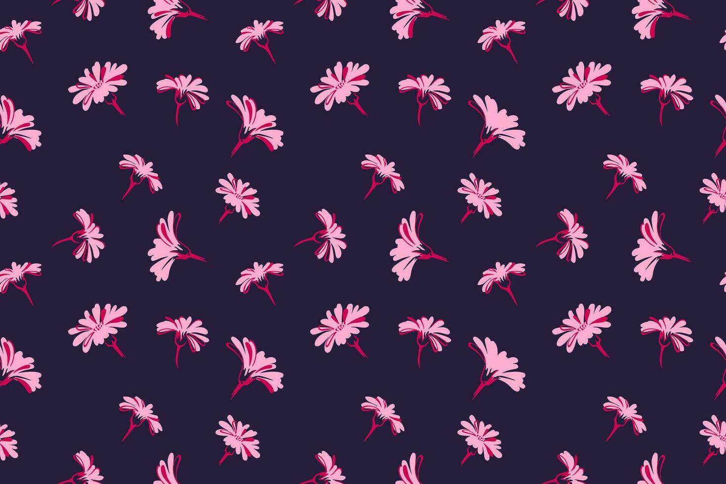 nahtlos, abstrakt, einfach Rosa Gänseblümchen Blumen Knospen Muster. Vektor Hand gezeichnet skizzieren. modisch Rosa Silhouetten gestalten Blumen- drucken auf ein dunkel Hintergrund. Vorlage zum Design, Stoff, Textil, Mode