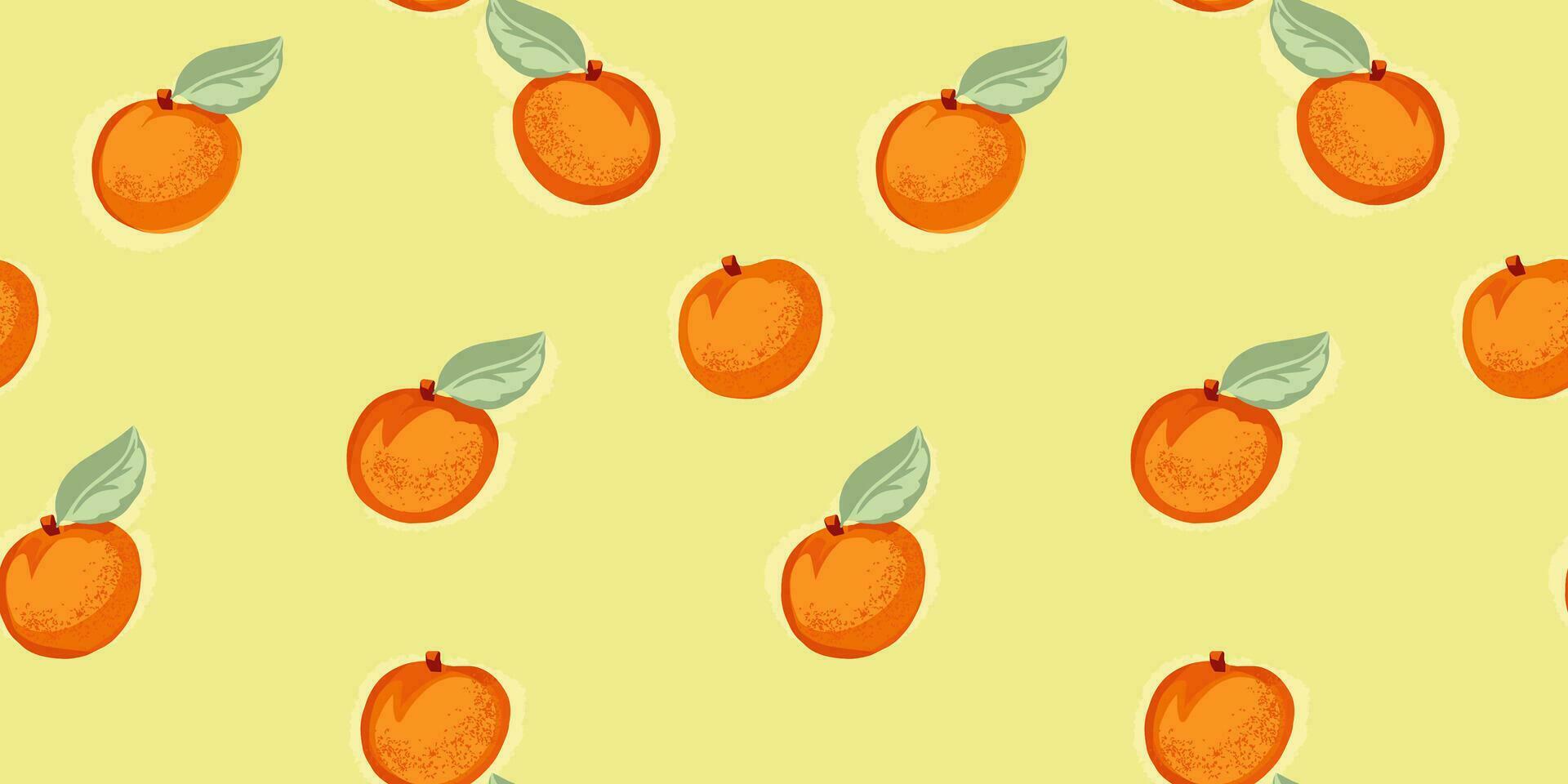kreativ ljus orange aprikos eller persika sömlös mönster på en gul bakgrund. vektor hand dragen skiss klotter. sommar frukt illustration för skriva ut. mall för design, textil, mode