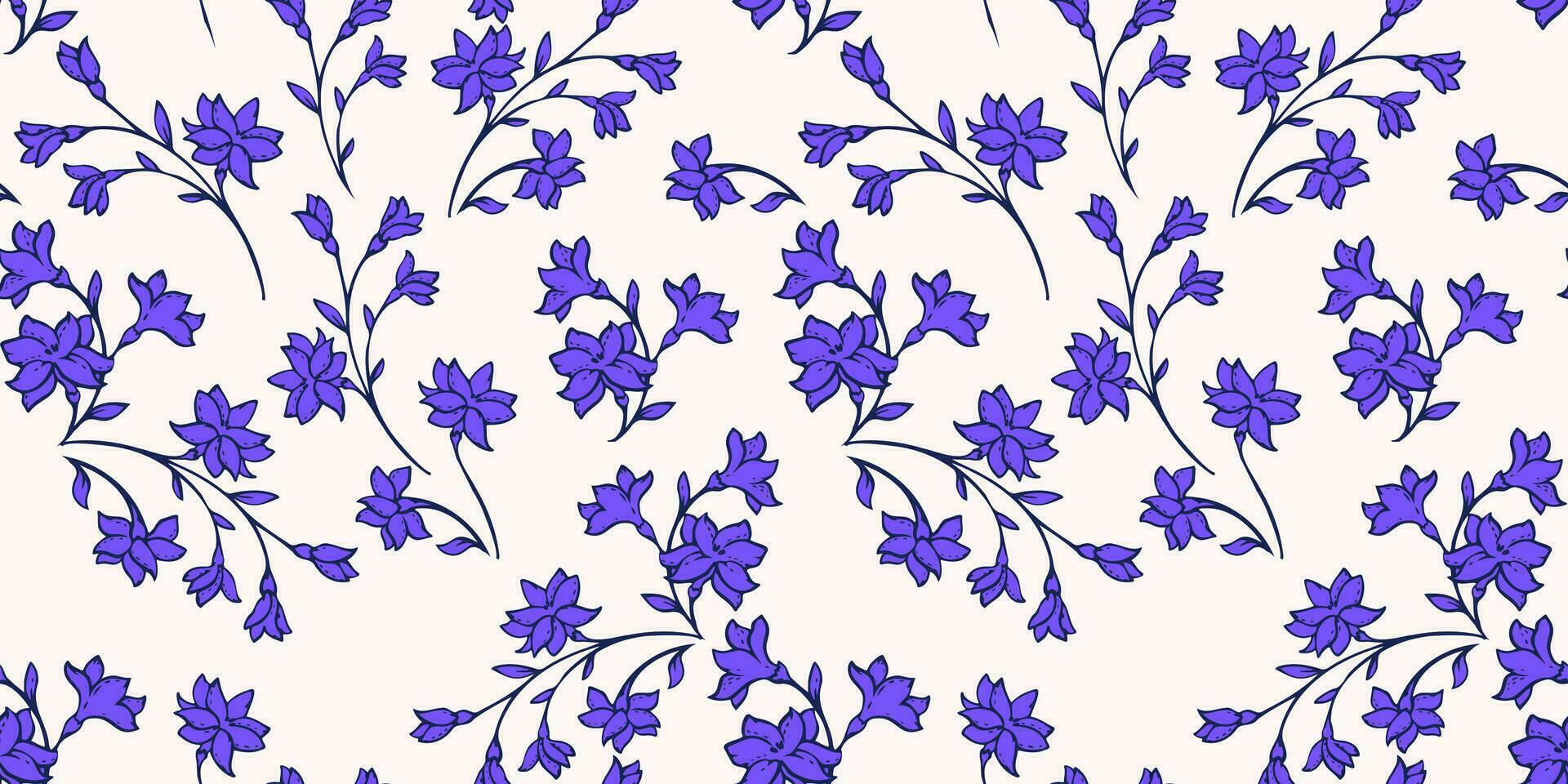 elegant, sanft, Blau, Geäst Blumen nahtlos Muster. Vektor Hand gezeichnet. stilisiert wild ditsy wild Blumen- drucken. Vorlage zum Design