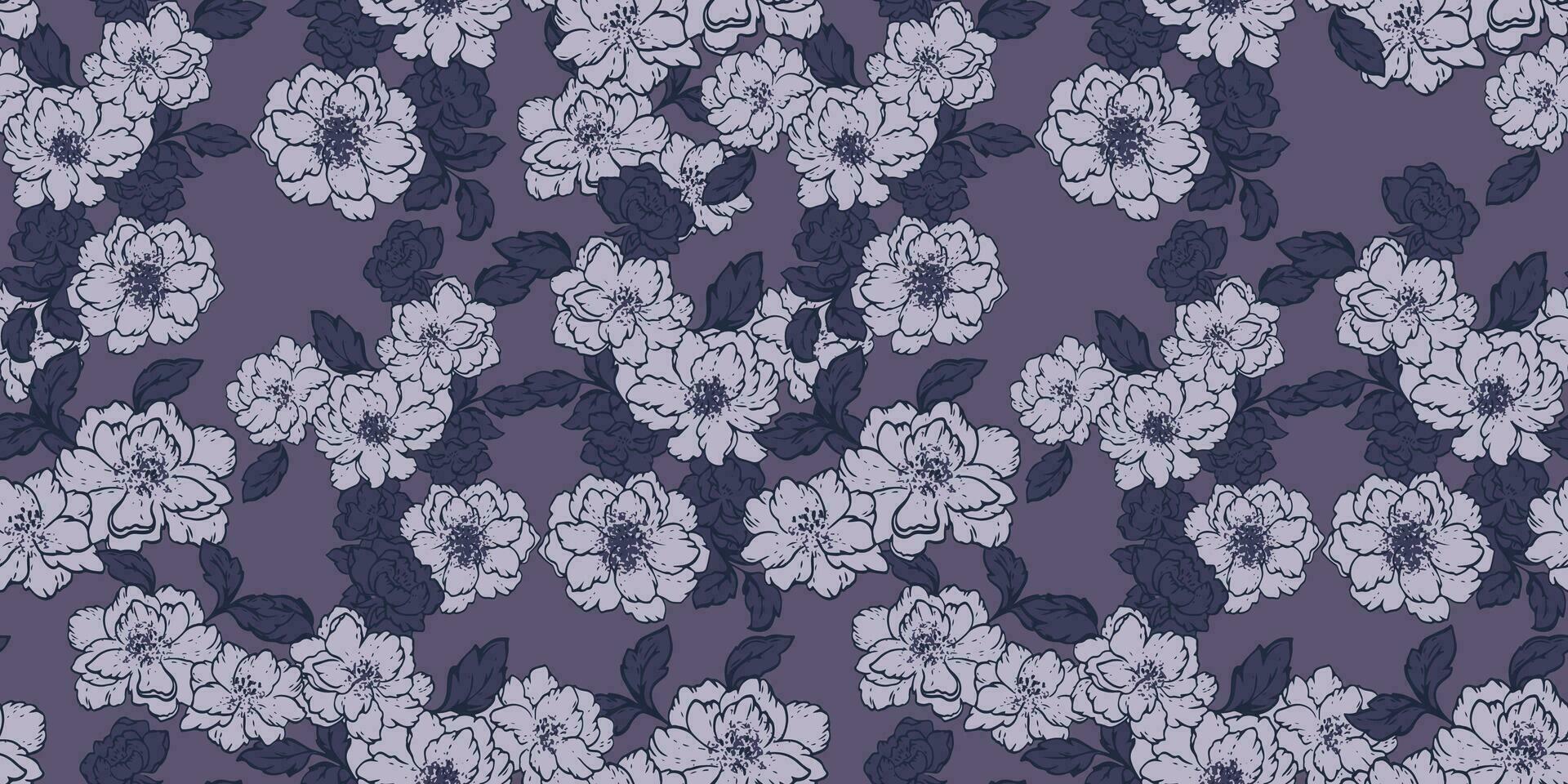 kreativ einfach grau Blumen und Blätter nahtlos Muster. Blühen abstrakt Blumen- drucken auf ein dunkel Hintergrund. Vektor Hand gezeichnet. Vorlage zum Design