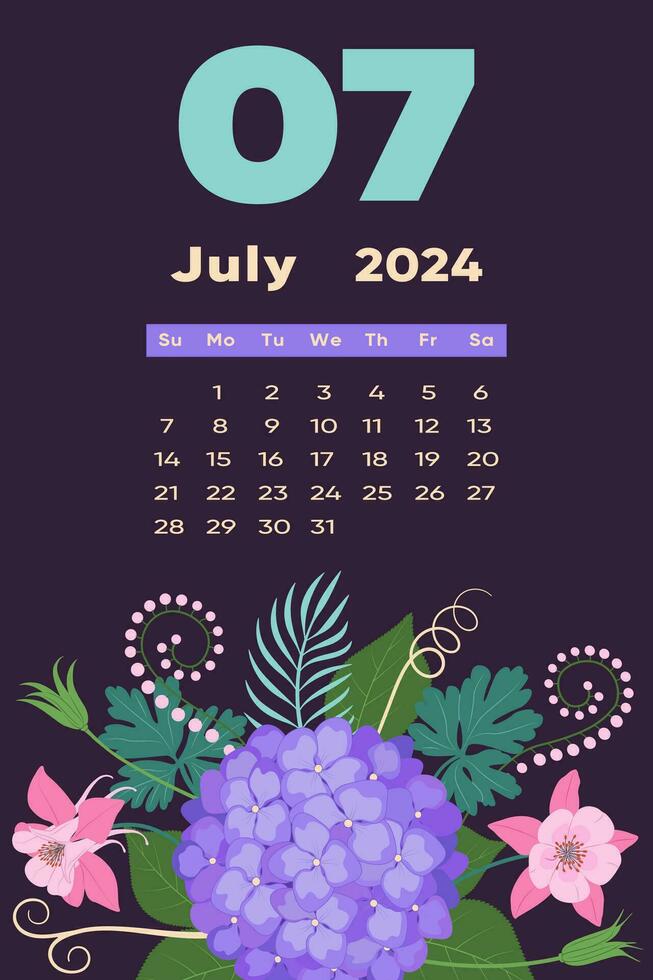 Blumen- Juli 2024 Kalender Vorlage. mit hell bunt Blumen und Blätter. vektor