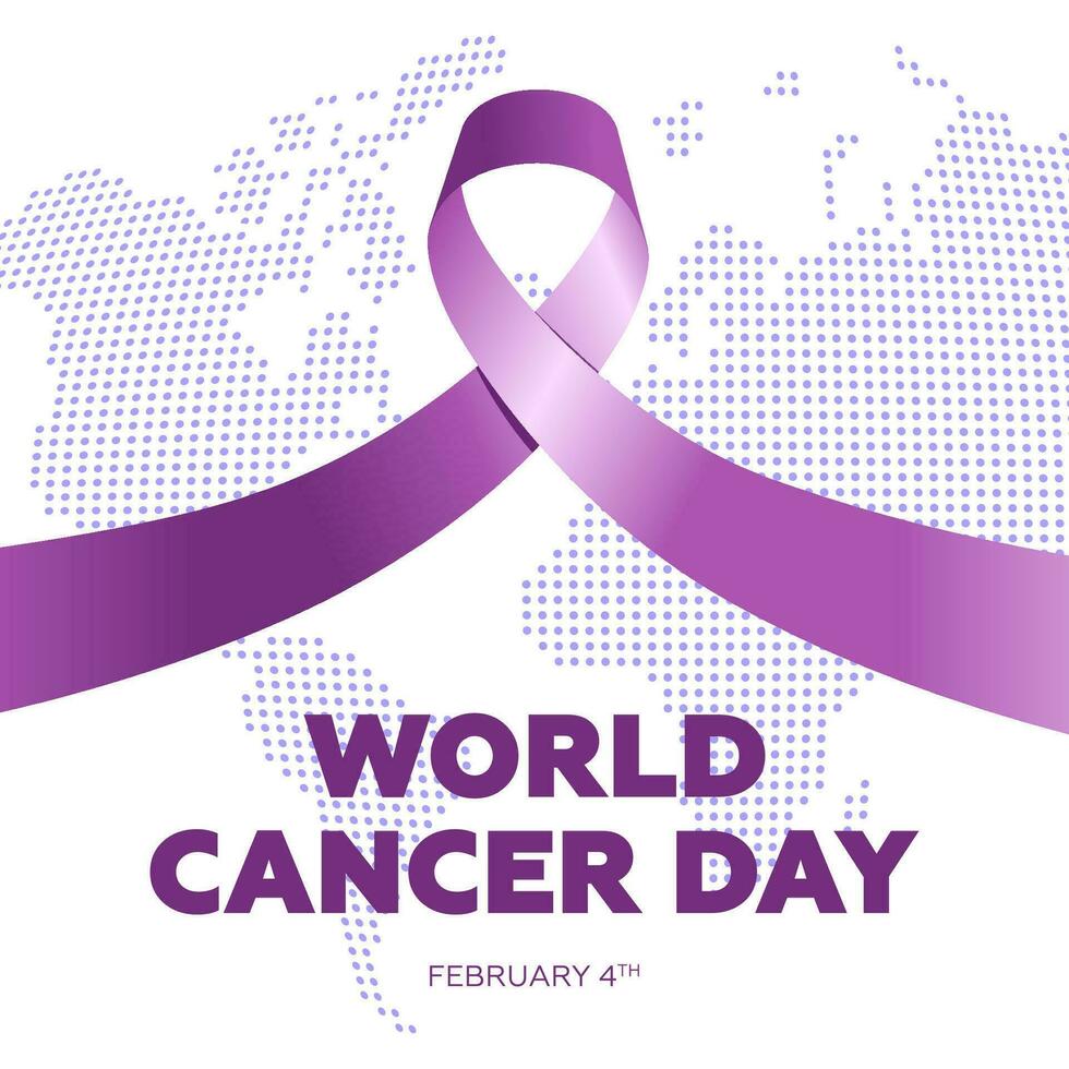 värld cancer medvetenhet dag fyrkant baner design begrepp. lila band på värld Karta för februari 4:e sluta cancer kampanj symbol. uppmärksamhet till onkologi bakgrund. vektor eps skriva ut