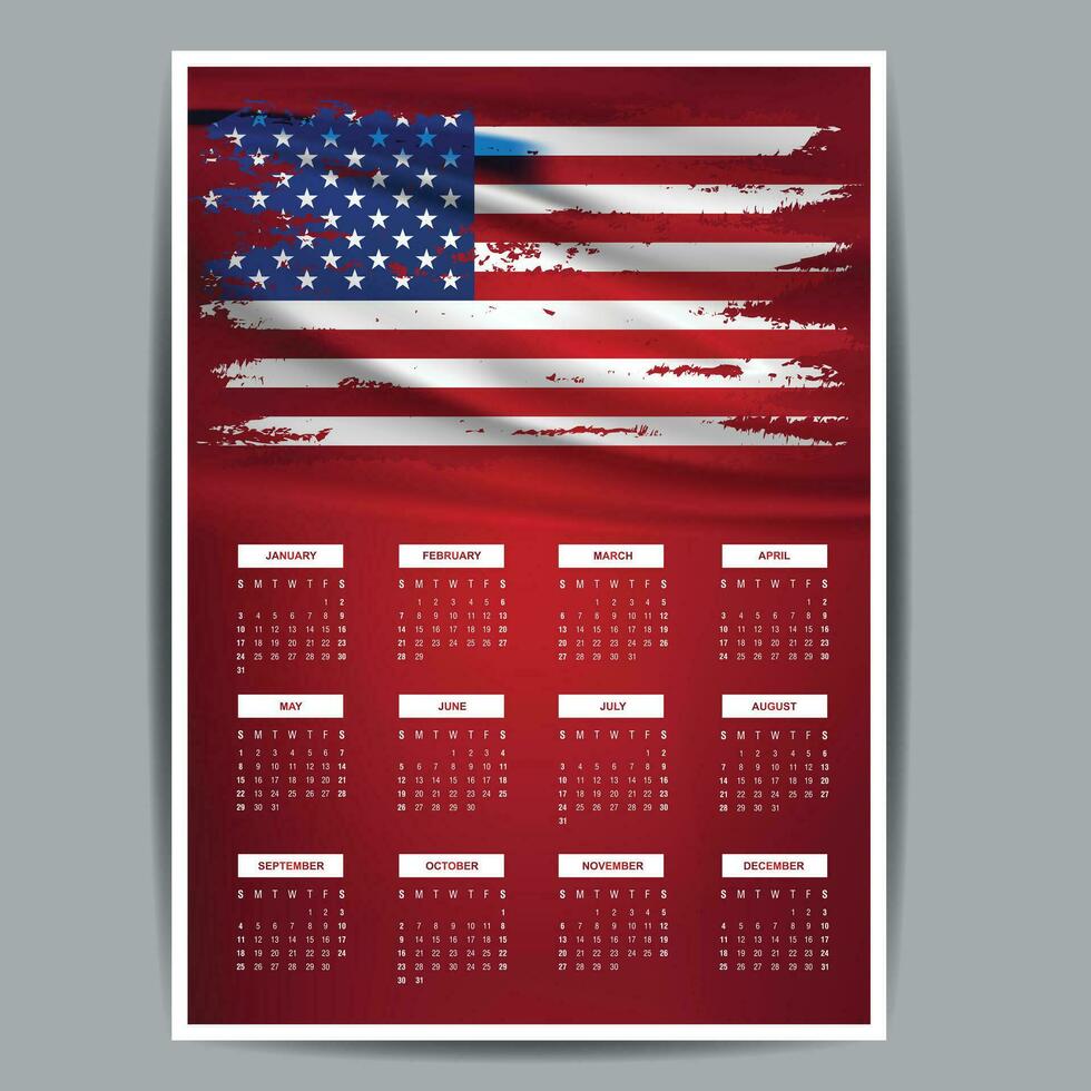 das Kalender Woche beginnt Montag korporativ Design Vorlage amerikanisch Flagge mit amerikanisch Thema Farbe alle Monat Illustration. vektor