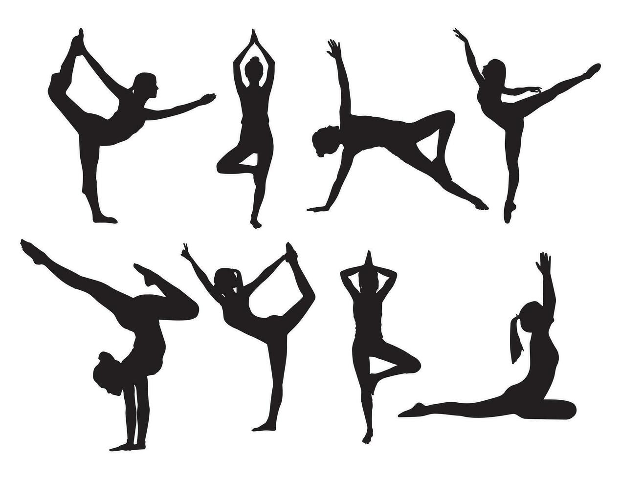 yoga poser silhuetter. uppsättning av illustrationer av en flicka i en yoga utgör. vektor silhuetter av kvinna annorlunda poser yoga.