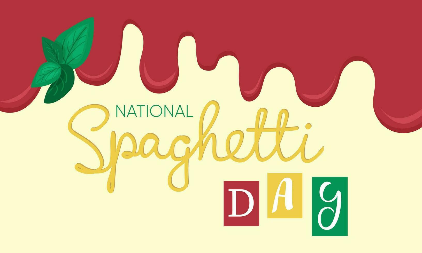 nationell spaghetti dag. handstil text med tomat sås och basilika vektor