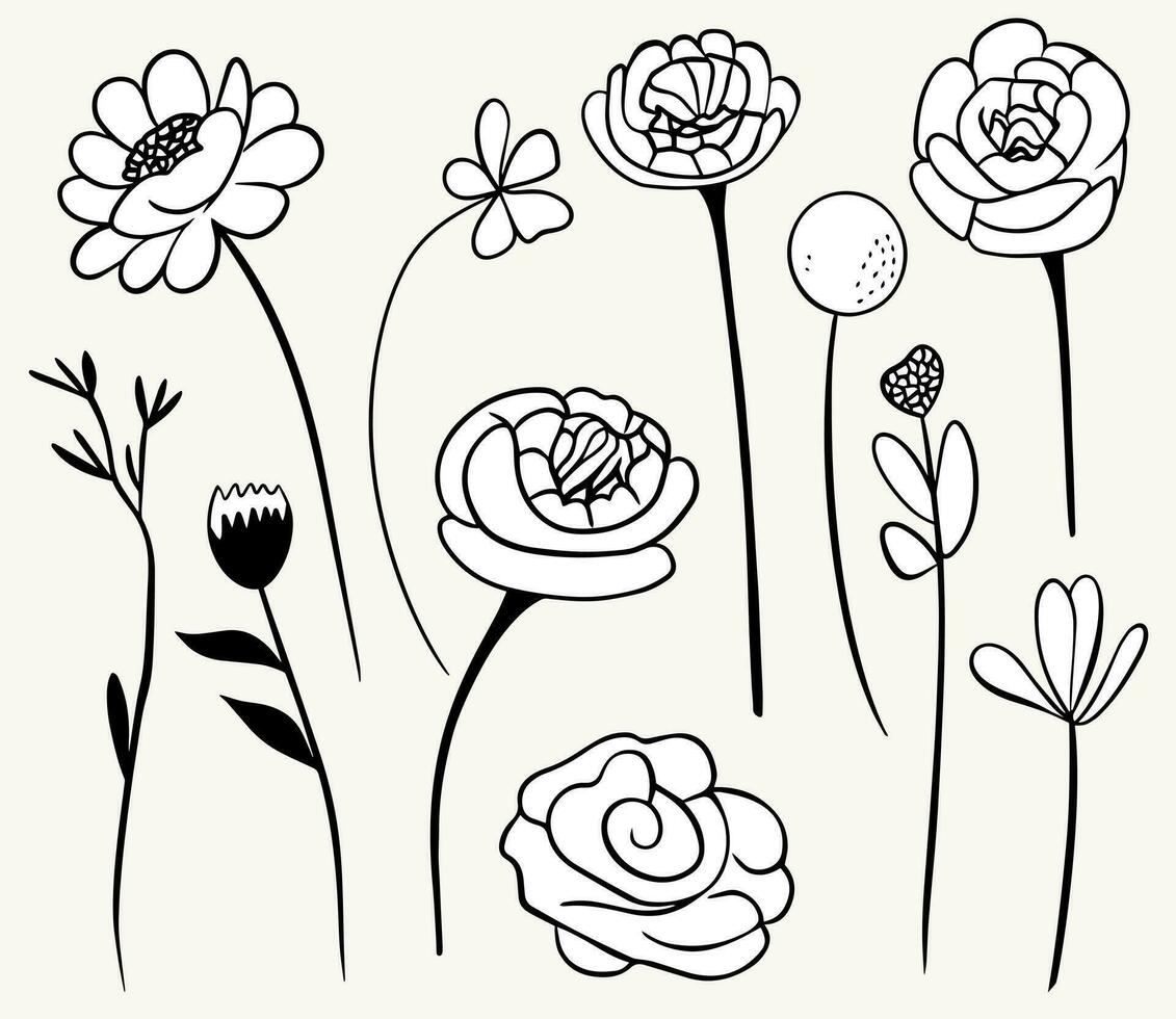 svartvit klotter blommor. blommig element uppsättning. översikt botanisk illustration. hand dragen isolerat växter. vektor