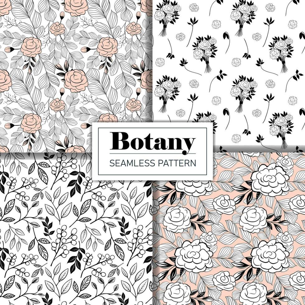uppsättning av svartvit botanisk mönster. sömlös bakgrund med rosor. hand dragen översikt blommig tapet vektor
