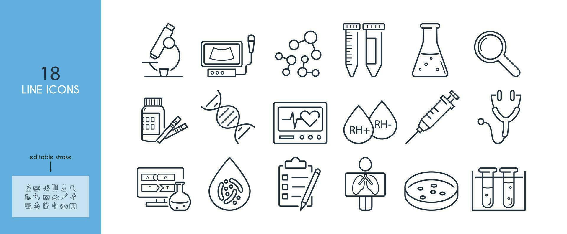 klinisk prövningar, forskning, studie linje ikon uppsättning. medicinsk laboratorium. mikroskop, test rör, centrifug, ultraljud maskin, blod, stetoskop, dna, genetisk analys, rhesus faktor. redigerbar stroke. vektor