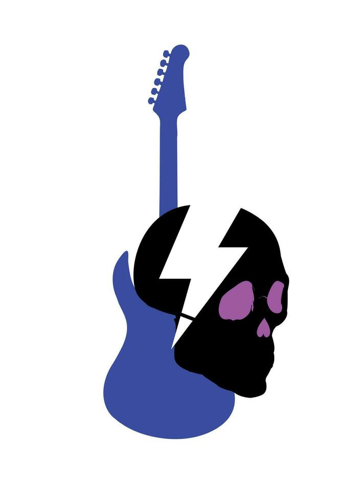 t-shirt design av en svart skalle med en blixt symbol och en blå elektrisk gitarr. glam sten affisch. vektor