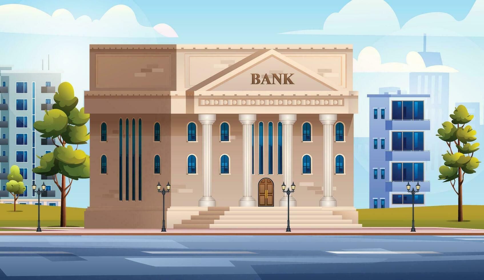 Bank Gebäude auf Stadtbild Hintergrund Vektor Karikatur Illustration