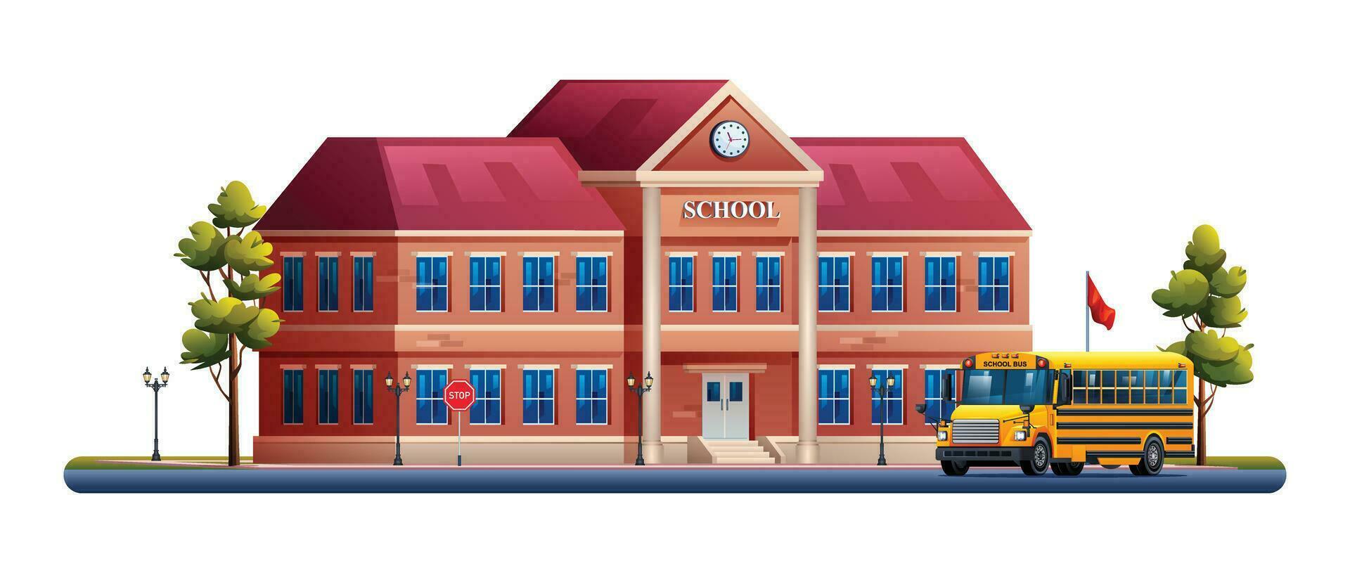 skola byggnad med gul skola buss vektor tecknad serie illustration isolerat på vit bakgrund