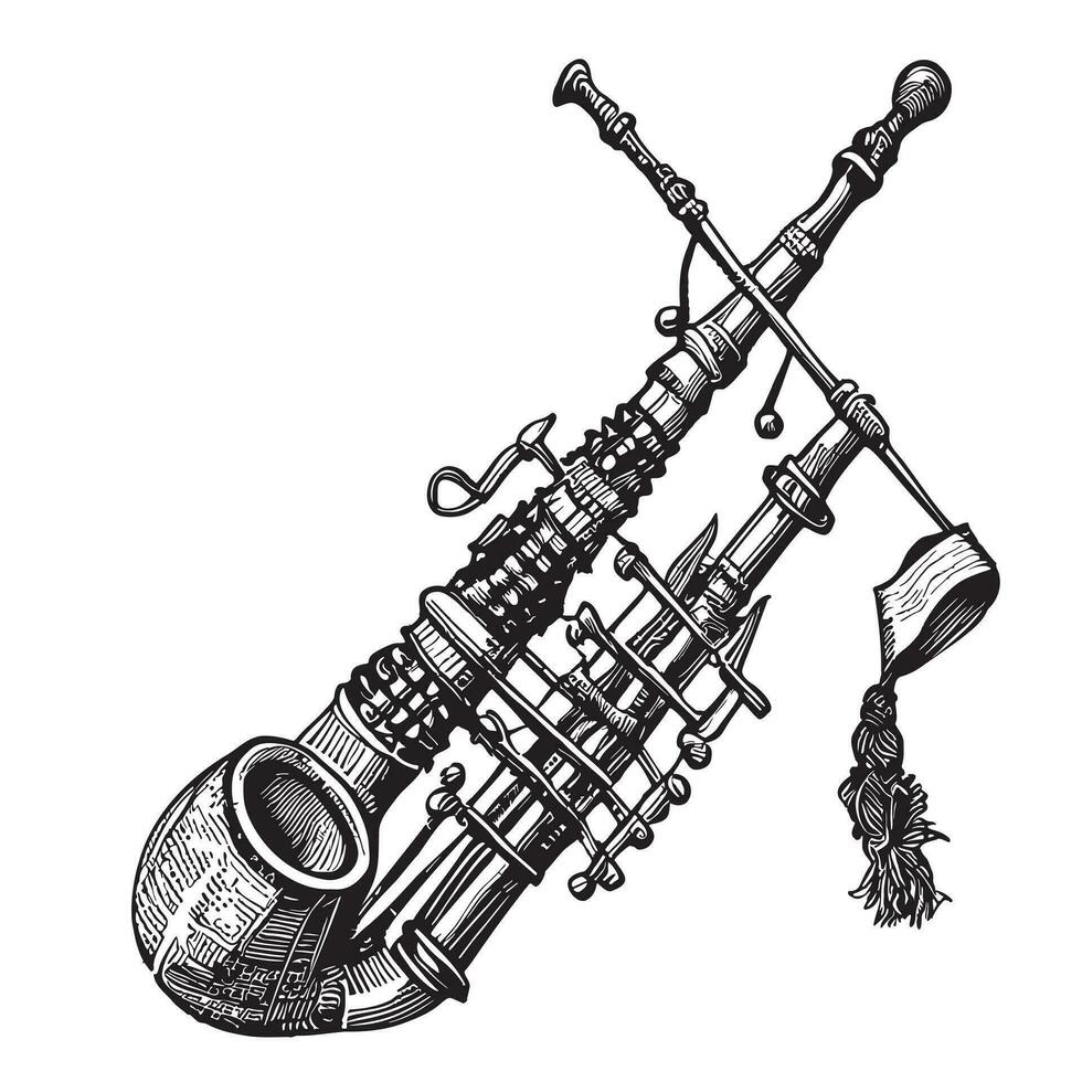 musikalisk skott bagpipe retro skiss hand dragen i komisk stil musik vektor illustration