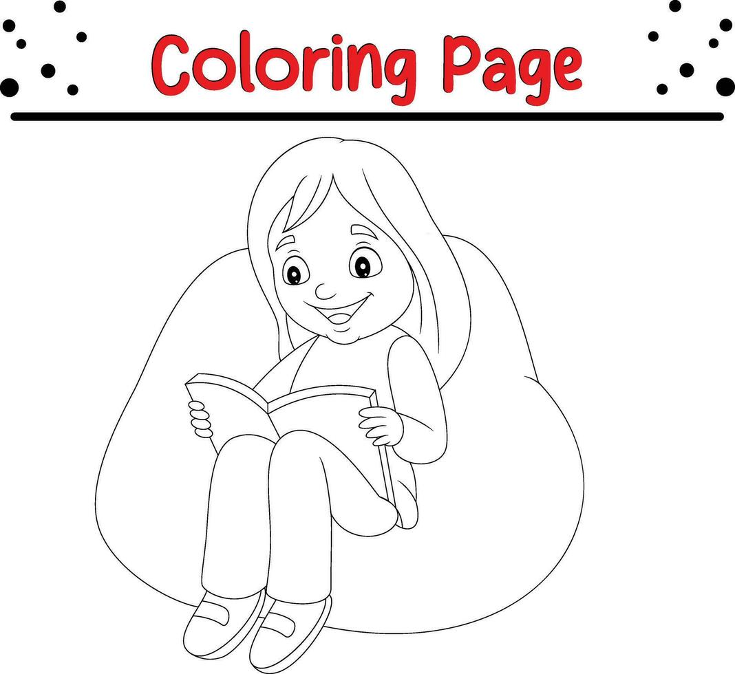 Färbung Seite Mädchen lesen Buch Sitzung groß Kissen vektor