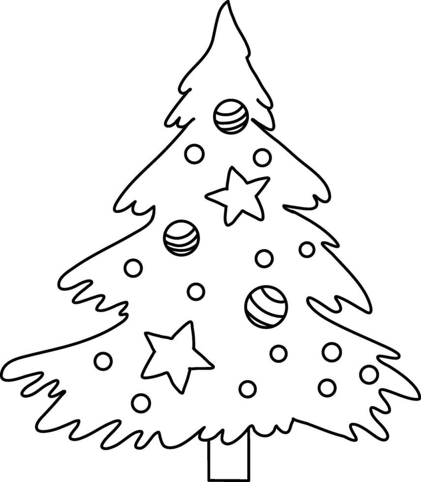 süß Hand gezeichnet Gekritzel Weihnachten Baum geschmückt mit Beleuchtung, Kugeln, und Sterne. es Eigenschaften Geschenke unter das Baum und dient wie ein festlich Dekoration zum Weihnachten und Neu Jahr Feierlichkeiten vektor