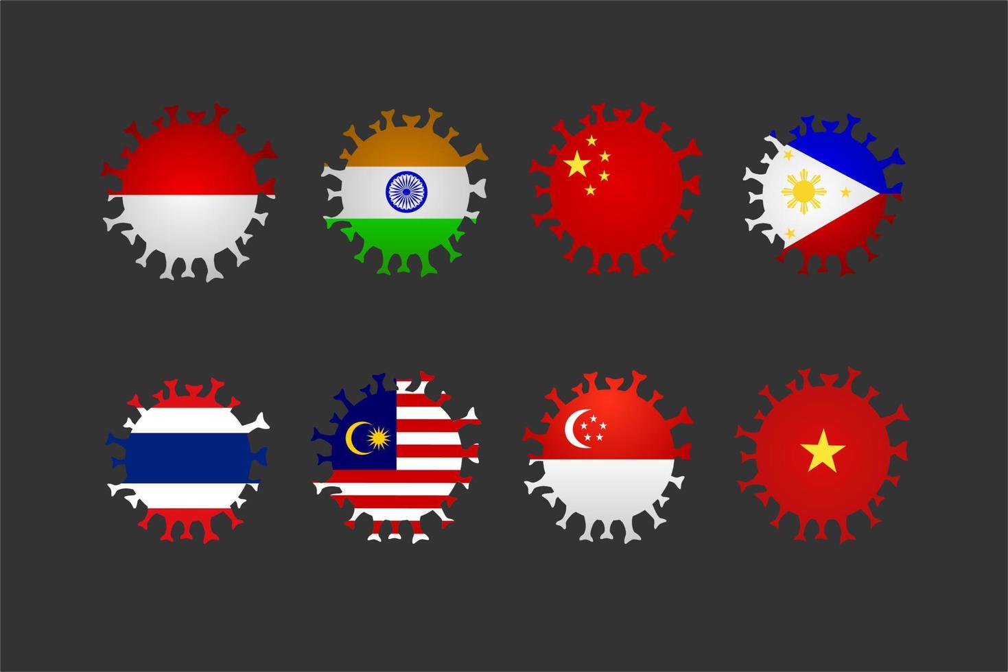 samling av asiatiska flaggor med bakterieform vektor