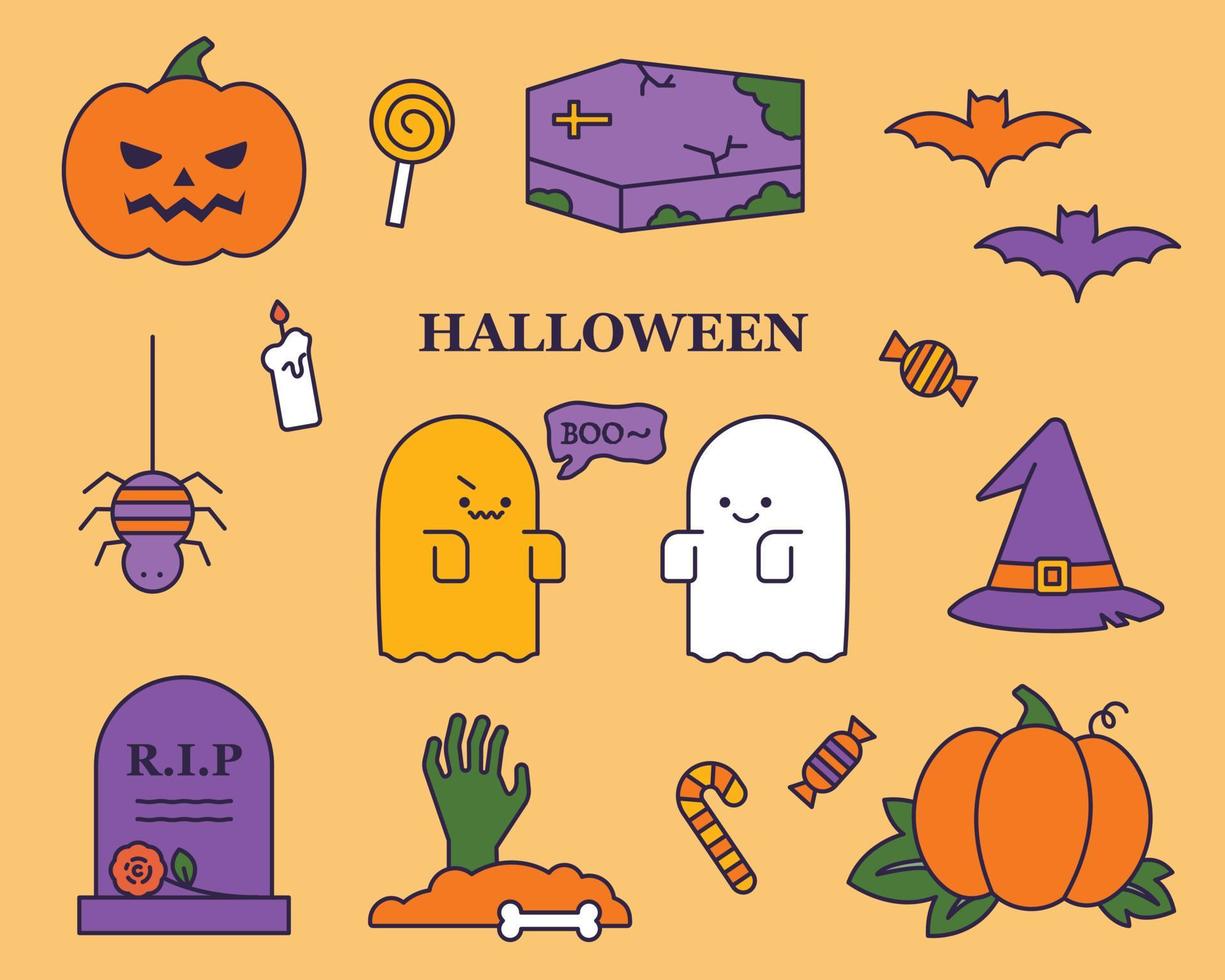 Fröhliches Halloween. Sammlung von niedlichen Halloween-Charakteren-Symbolen. flache Design-Stil-Vektor-Illustration. vektor