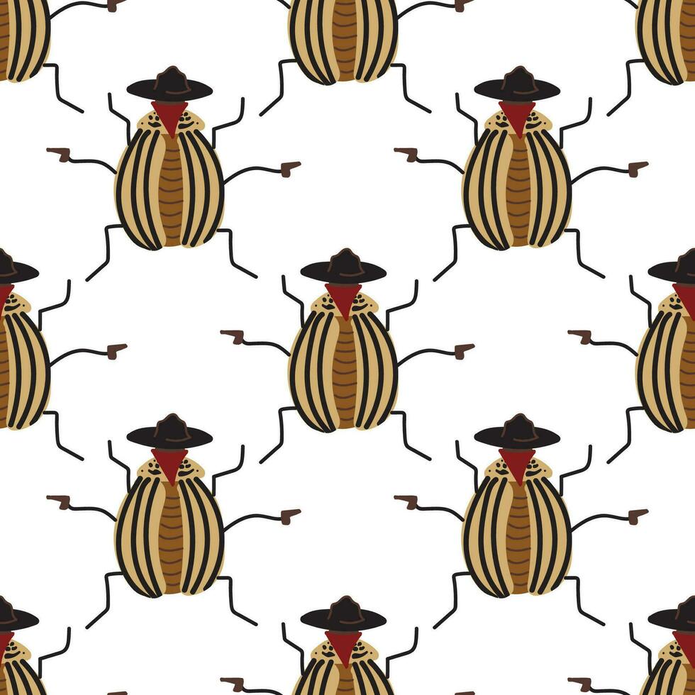 Colorado Kartoffel Käfer gekleidet wie ein Bandit von das wild Westen. nahtlos Muster auf ein Weiß Hintergrund. Vektor. vektor