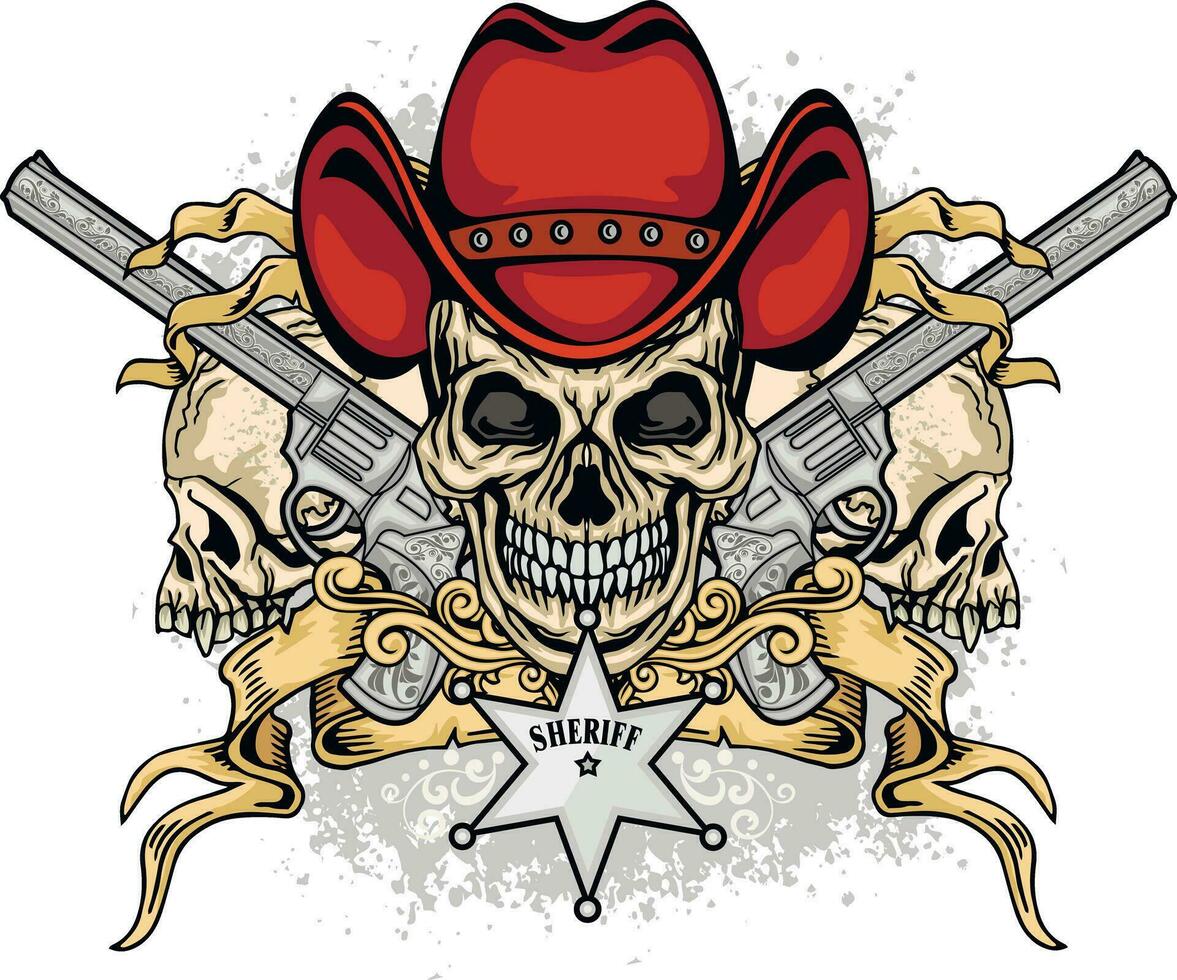 cowboy tecken med skalle och vapen, grunge årgång design t shirts vektor