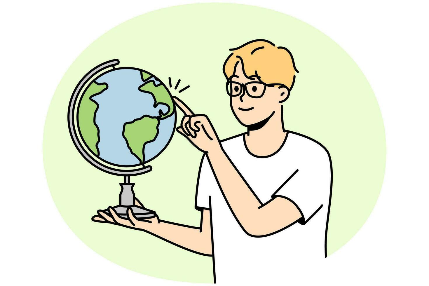 leende kille i glasögon snurra handske med finger. smart pojke barn i glasögon visa Land på sfär. utbildning begrepp. vektor illustration.