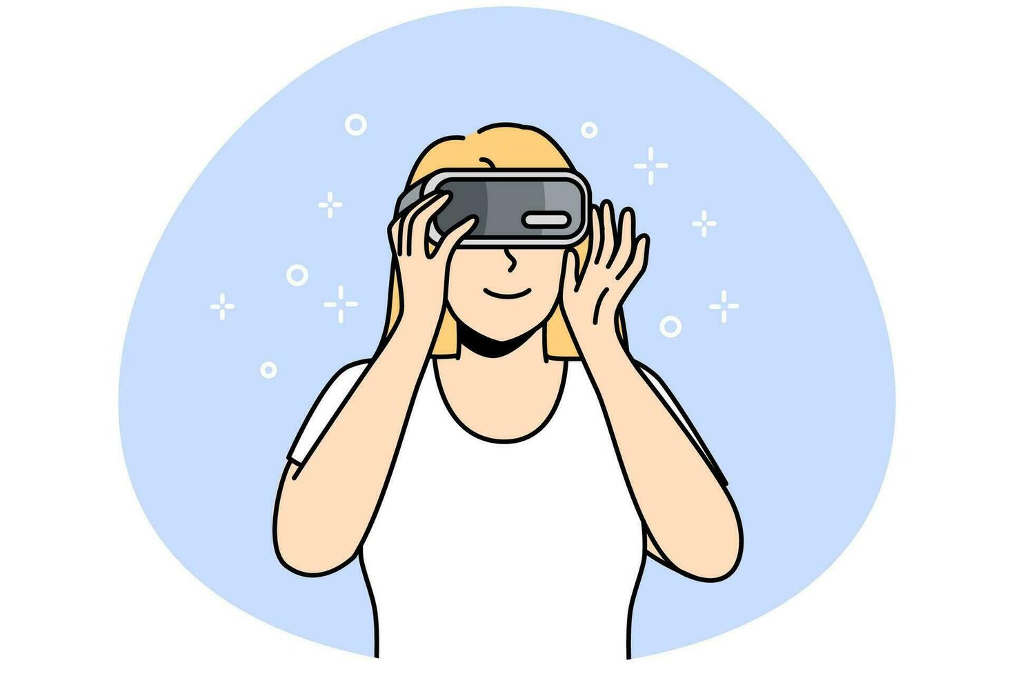 leende kvinna i vr glasögon utforska ny horisonter. Lycklig flicka i virtuell verklighet headsetet njut av modern teknologi. vektor illustration.