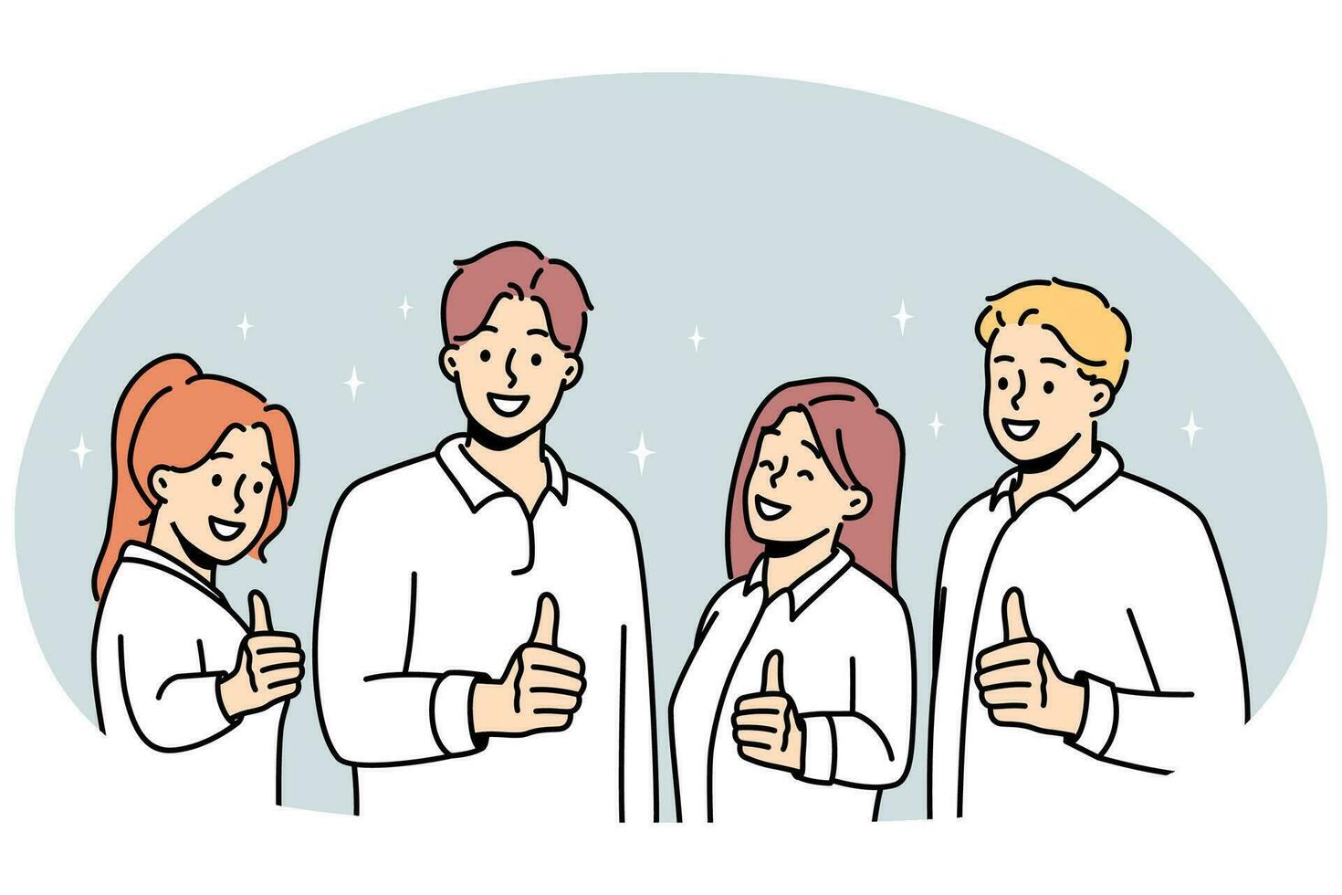 leende människor som visar tummen upp ge rekommendation till service. Lycklig team rekommendera Bra kvalitet kurs eller arbete. sysselsättning begrepp. vektor illustration.
