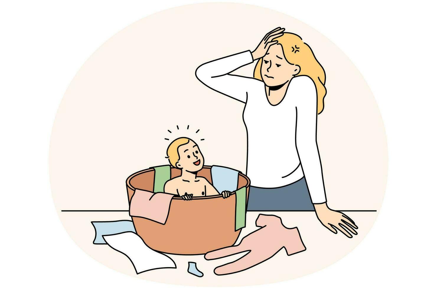 betonade ung kvinna känna trött med moderskap och små unge. olycklig frustrerad mor utmattad med litet barn och föräldraskap. vektor illustration.