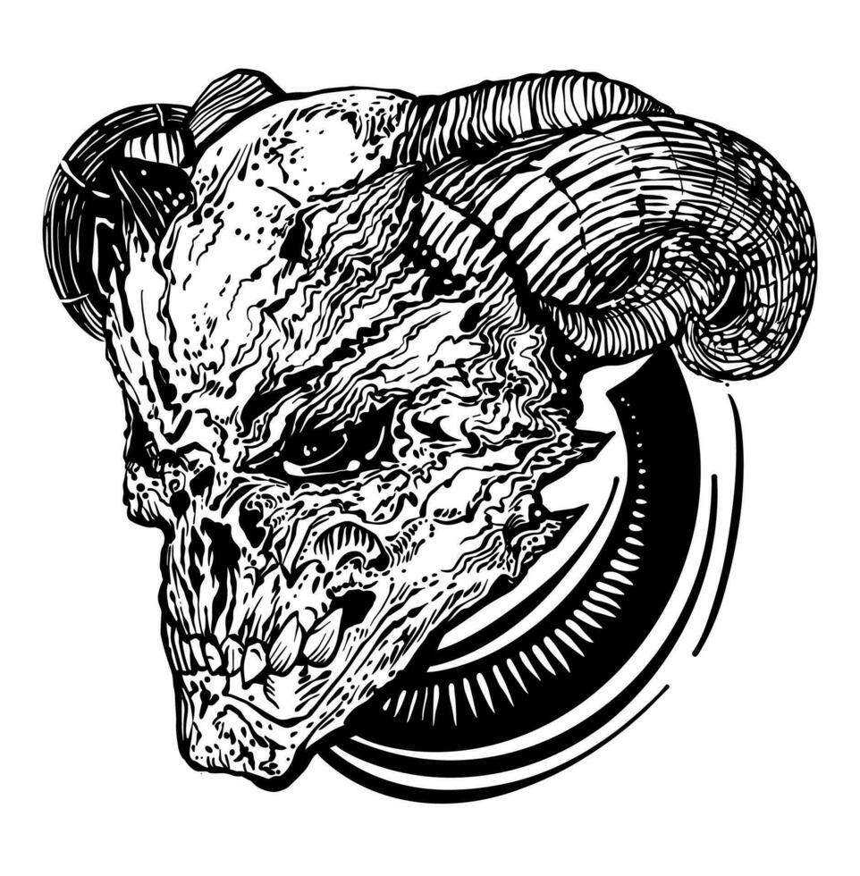 skalle med horn, i realistisk stil, med klar detaljer, svart och vit vektor teckning. för t-shirts, skalle av ett utomjording varelse