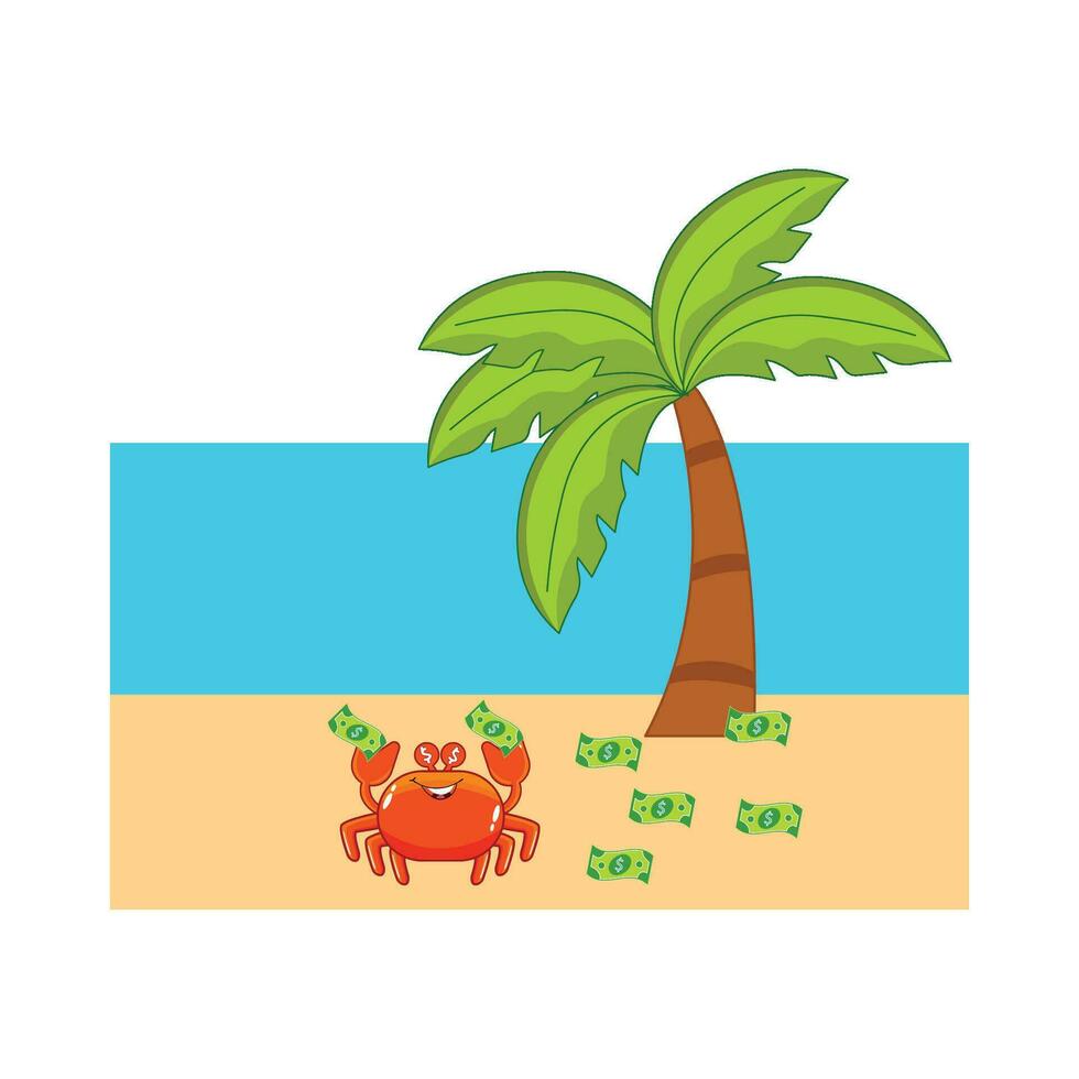 krabba karaktär, pengar med handflatan träd i strand illustration vektor